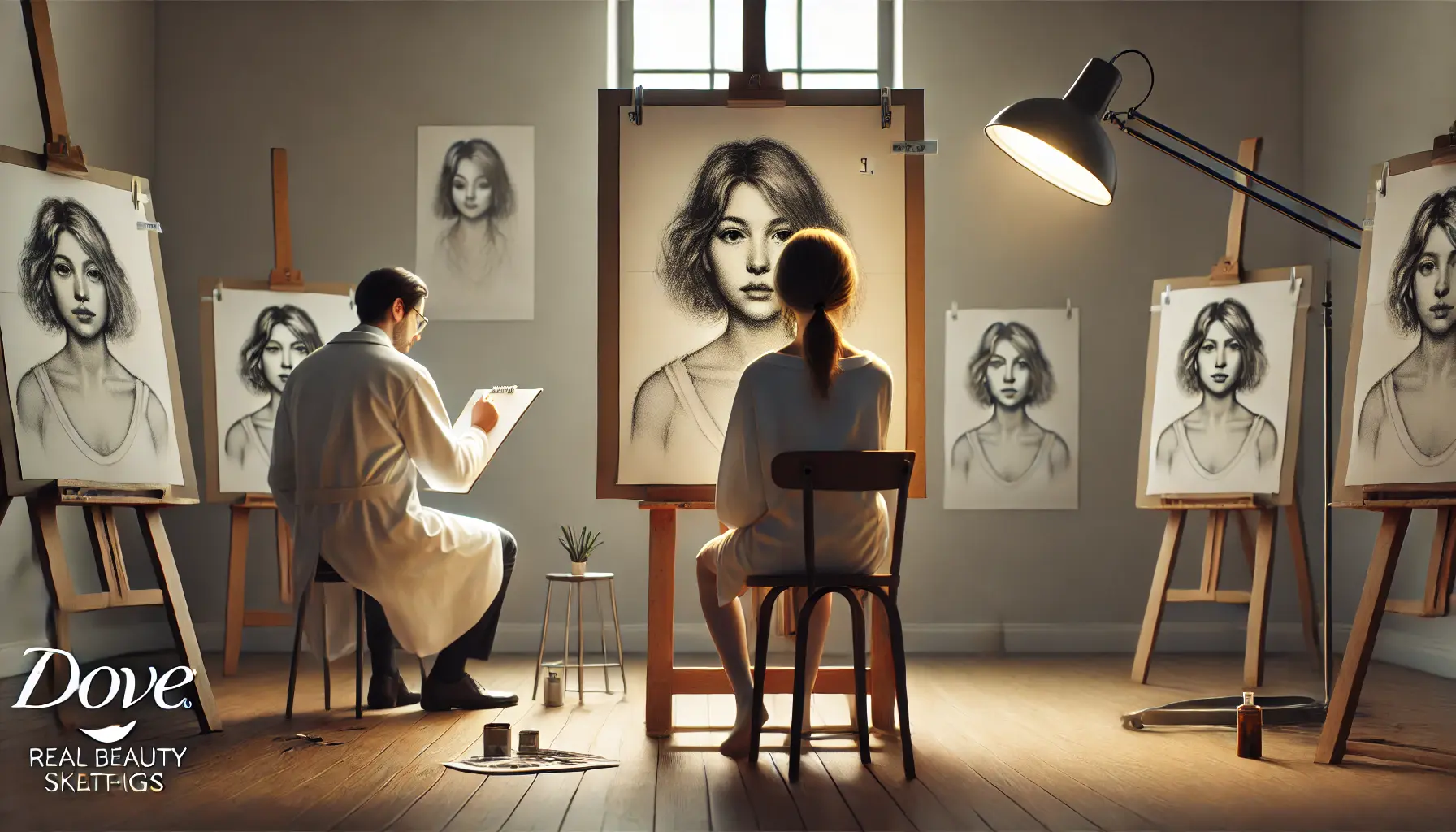 A female model sitting in front of a forensic sketch artist, with two contrasting sketches in the foreground, one based on her self-description and the other from a stranger's description.