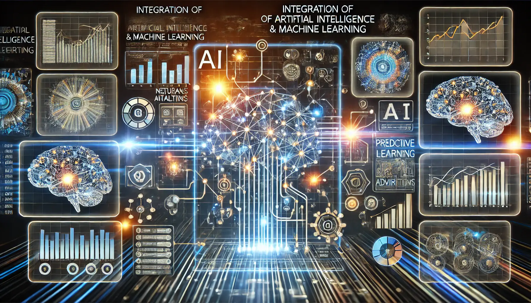 An AI-powered system analyzing data with neural networks, machine learning algorithms, and digital screens displaying predictive analytics and data flows.