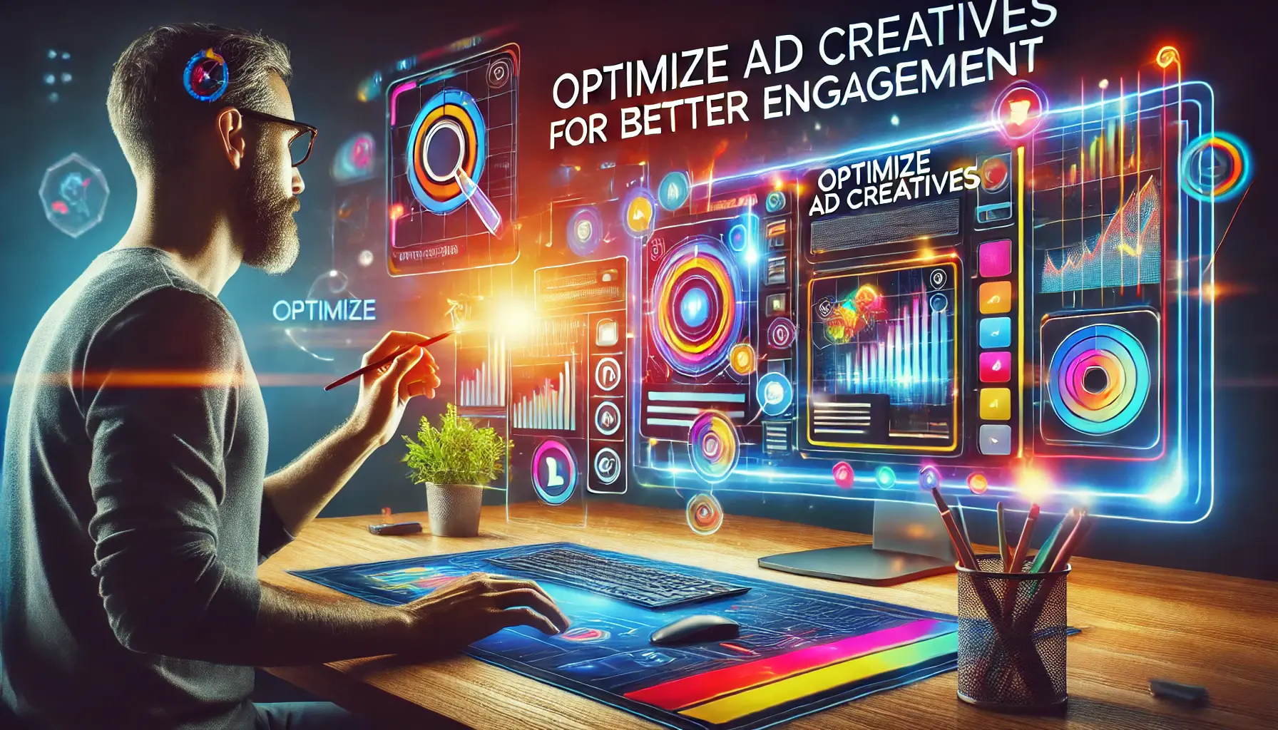 A digital workspace with a designer working on an interactive, colorful ad creative on a computer screen, with elements like vibrant colors and tools for ad design.