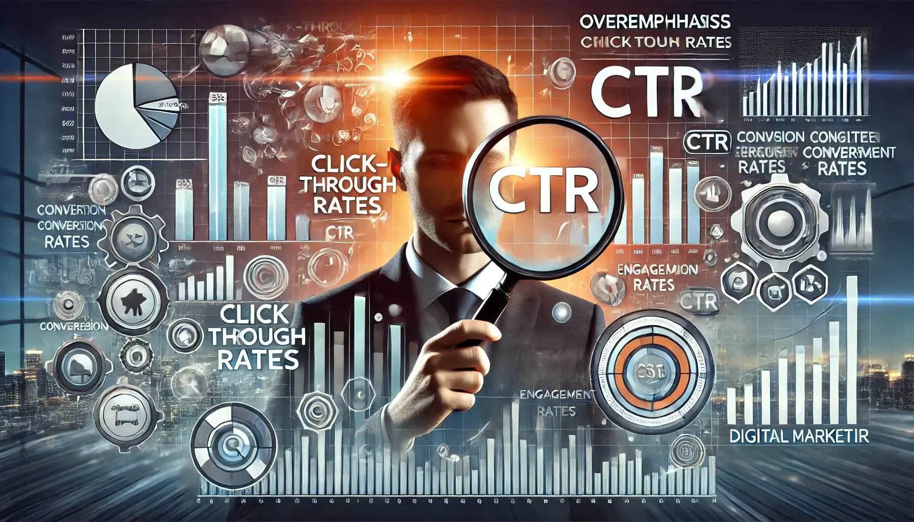 A digital marketer focusing too much on a large click-through rate bar chart, while other important metrics like conversion rates and engagement rates are overlooked in the background.