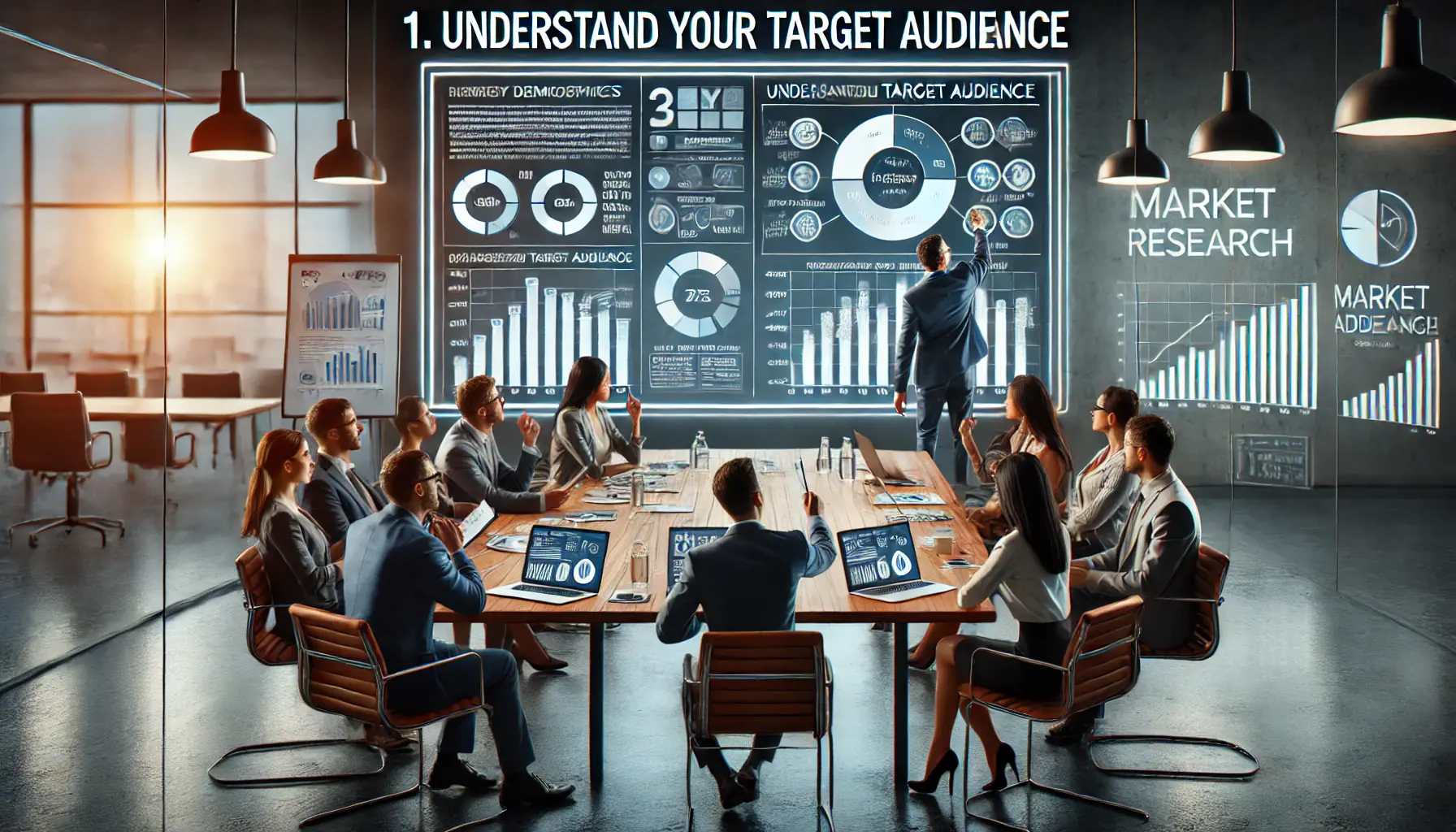 A marketing team analyzing a chart and digital screen that visualizes key demographics and audience behaviors in a conference room.