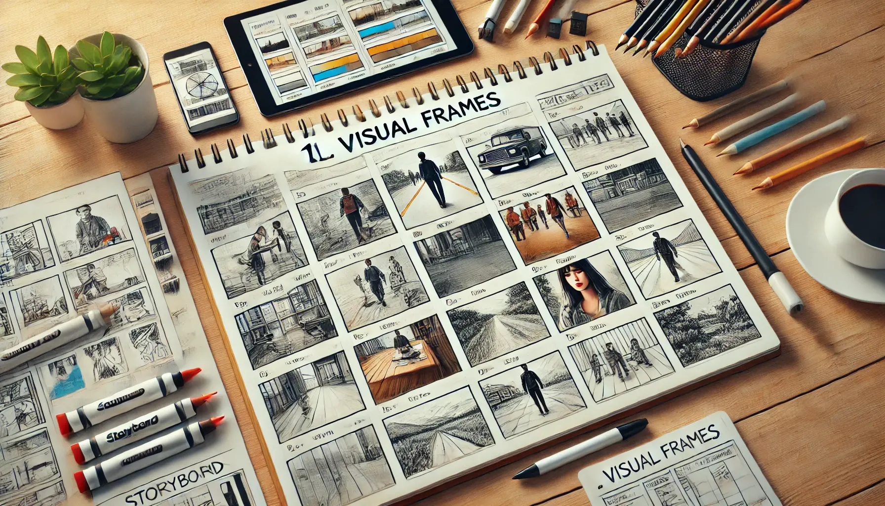 A creative desk with a storyboard sketchbook showing distinct scenes, surrounded by pencils, a marker, a ruler, and a tablet with a digital storyboard app.