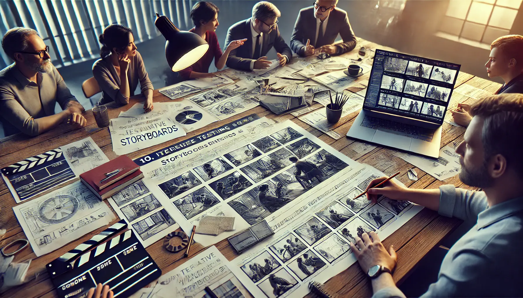 A creative team gathered around a table, reviewing and refining storyboards, with a laptop showing digital storyboard software.