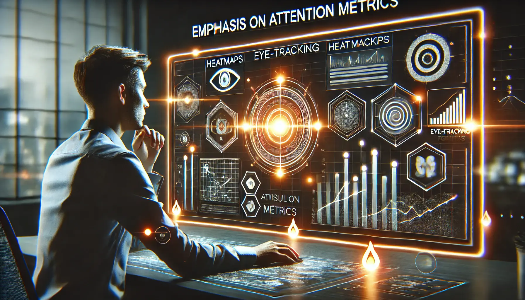 A digital marketer monitoring user engagement with heatmaps, eye-tracking lines, and attention indicators on a digital screen.