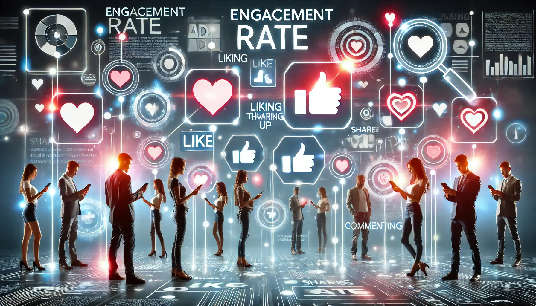 Multiple users interacting with digital ads, surrounded by glowing icons like hearts, thumbs up, and sharing arrows symbolizing various forms of engagement.