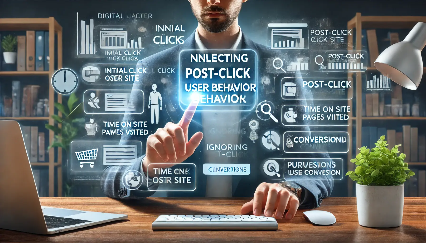 A digital marketer analyzing initial click data on a screen while ignoring post-click behavior such as time on site, pages visited, and conversions.