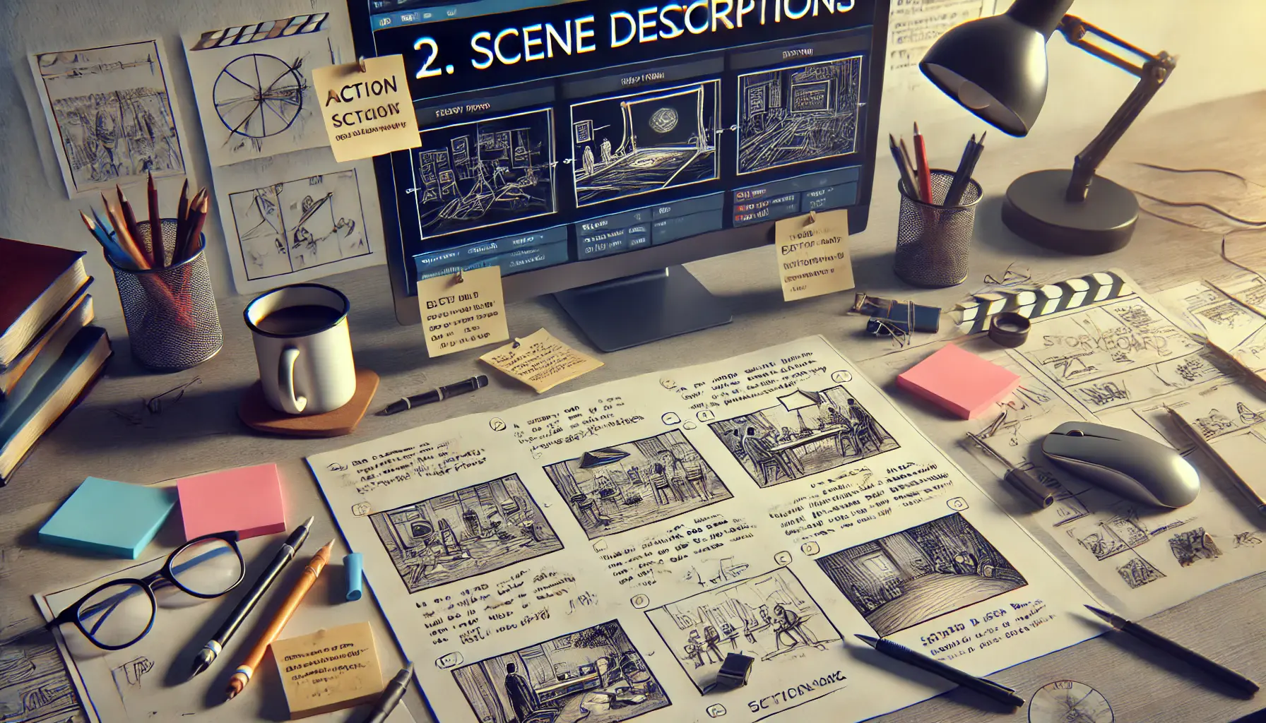 A storyboard with detailed sketches and handwritten notes describing scene actions, settings, and elements, placed on a desk with creative tools and a monitor in the background.