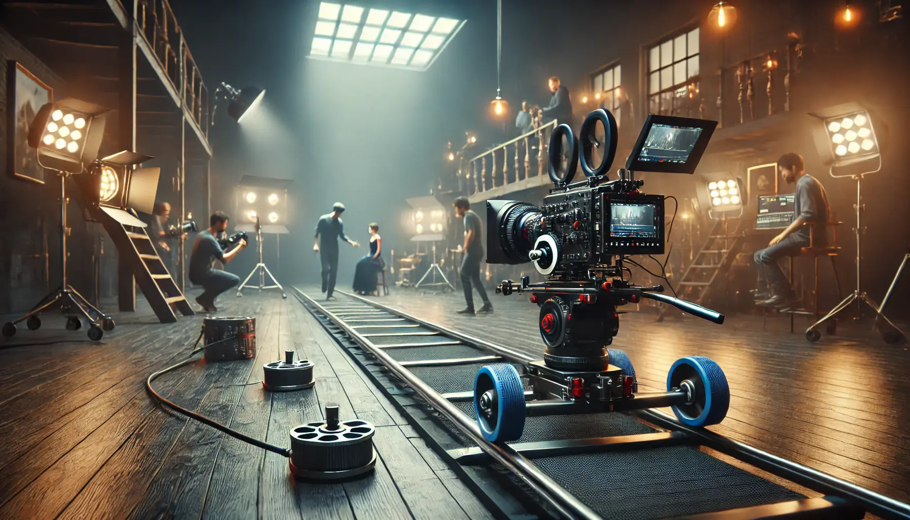 A film set with a camera on a dolly track, directed towards an actor performing a scene with dynamic camera movement.