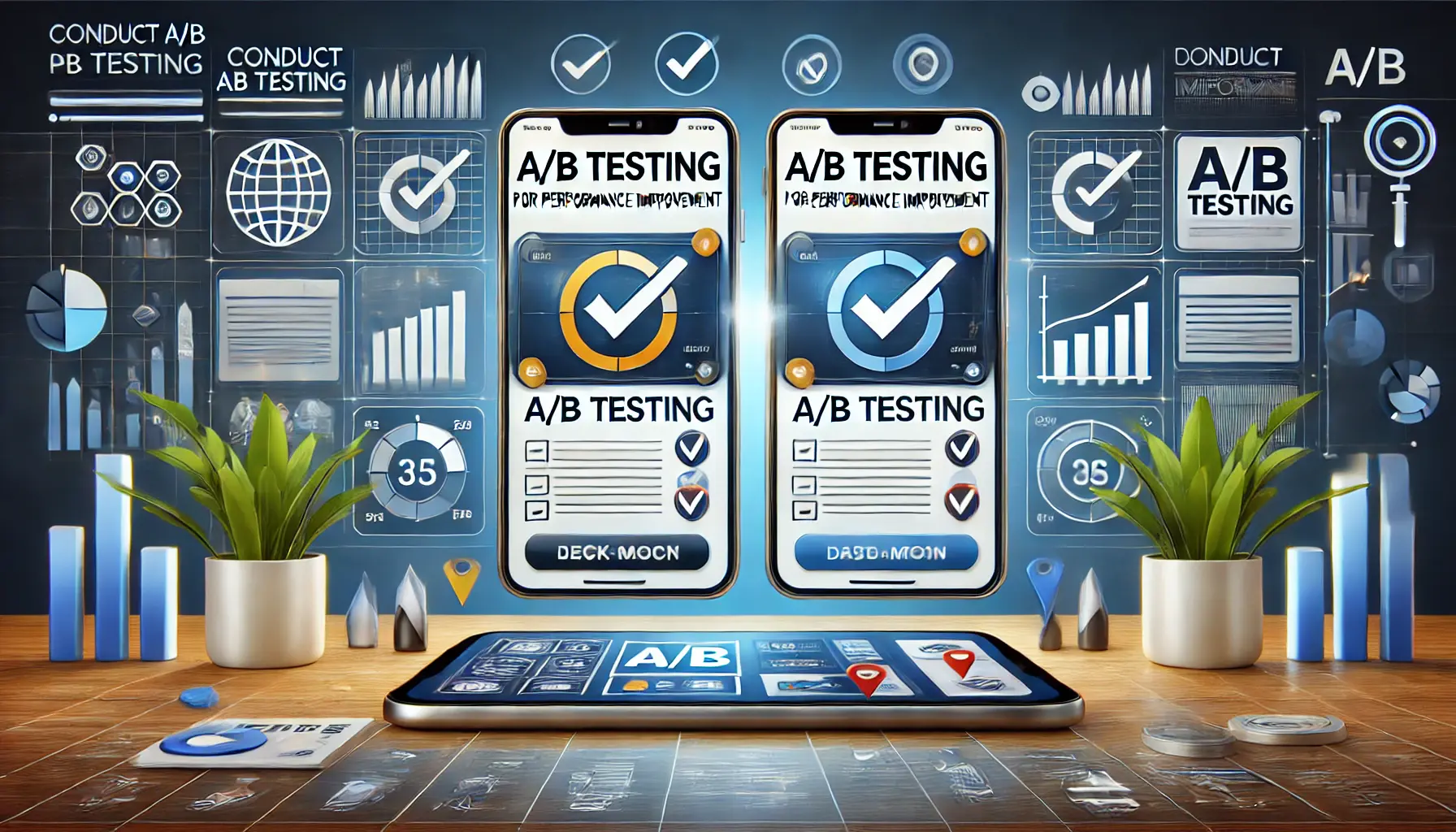 Two digital screens side by side, each displaying a different ad variation with visual elements like checkmarks, comparison charts, and data points symbolizing A/B testing.