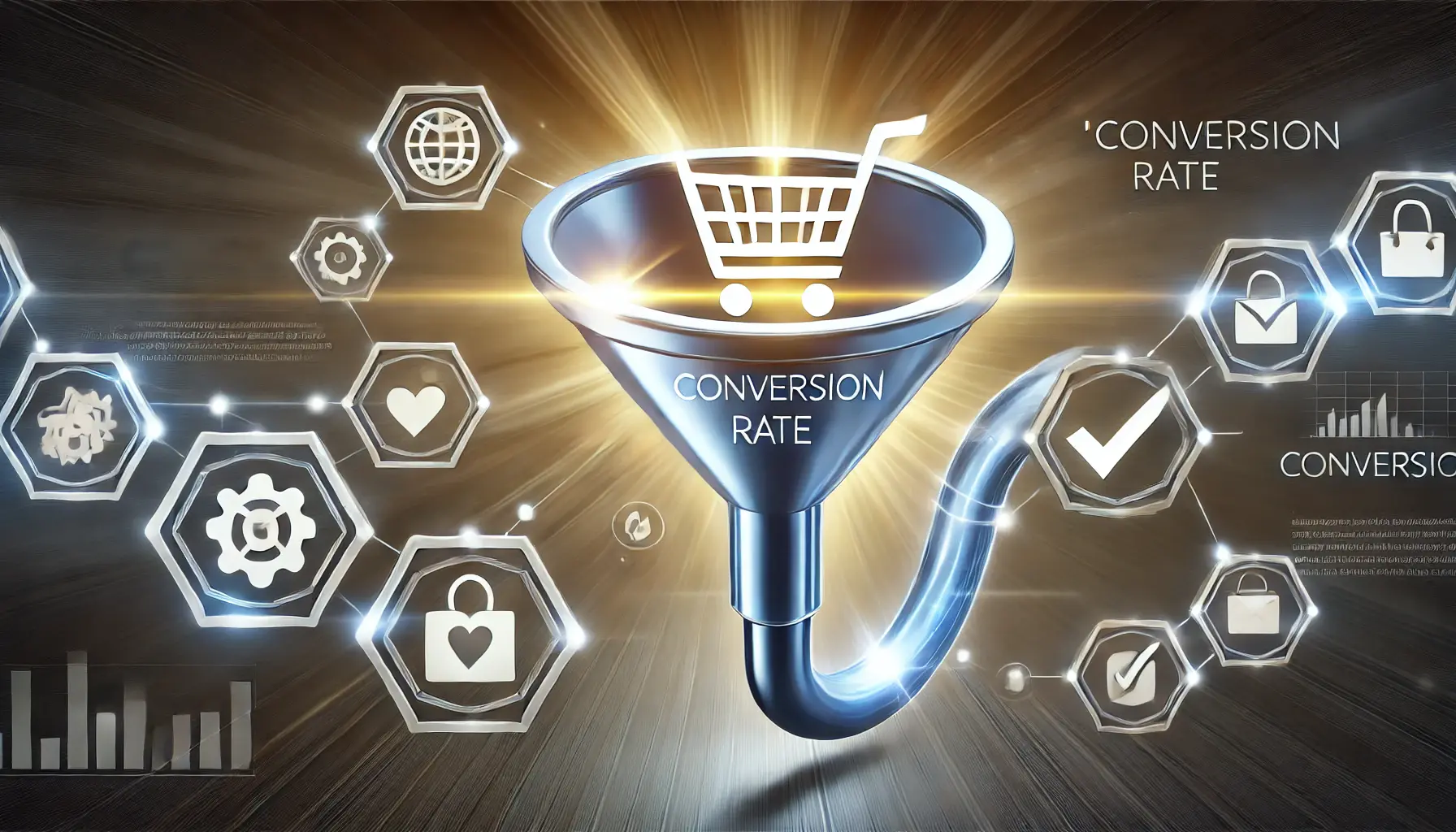 A digital funnel with user interactions flowing into a glowing shopping cart or check mark, symbolizing completed transactions.