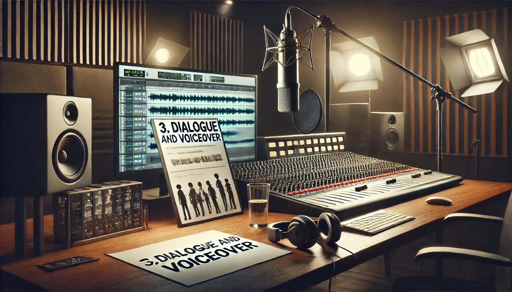 A recording studio with a professional microphone, sound mixing board, headphones, and a storyboard showing dialogue and voiceover directions.