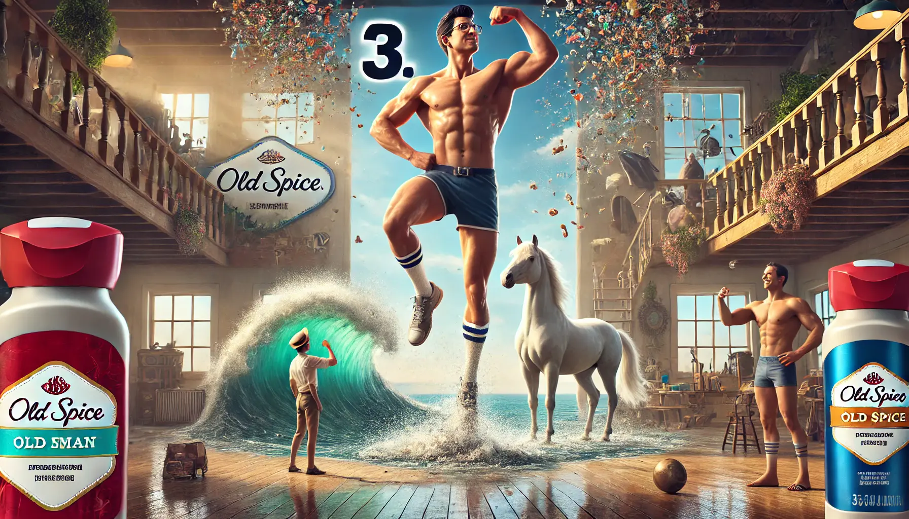 A confident, athletic man in an exaggerated pose surrounded by surreal elements like a horse, ocean waves, and flowers, reflecting the playful tone of the Old Spice campaign.