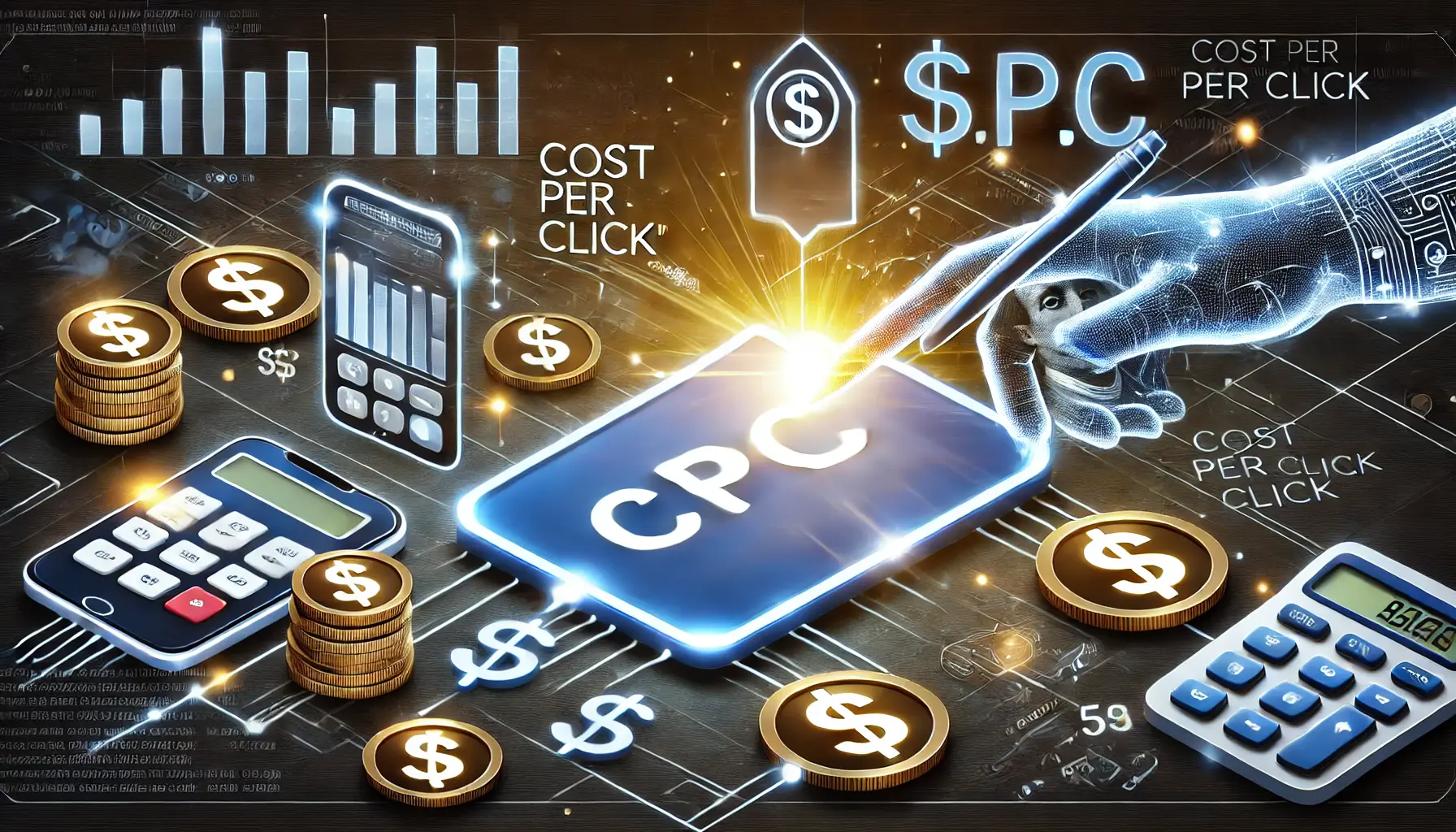 A digital hand interacting with an ad and a glowing price tag, surrounded by elements like a dollar sign, coins, and a calculator, symbolizing the cost per click in digital marketing.