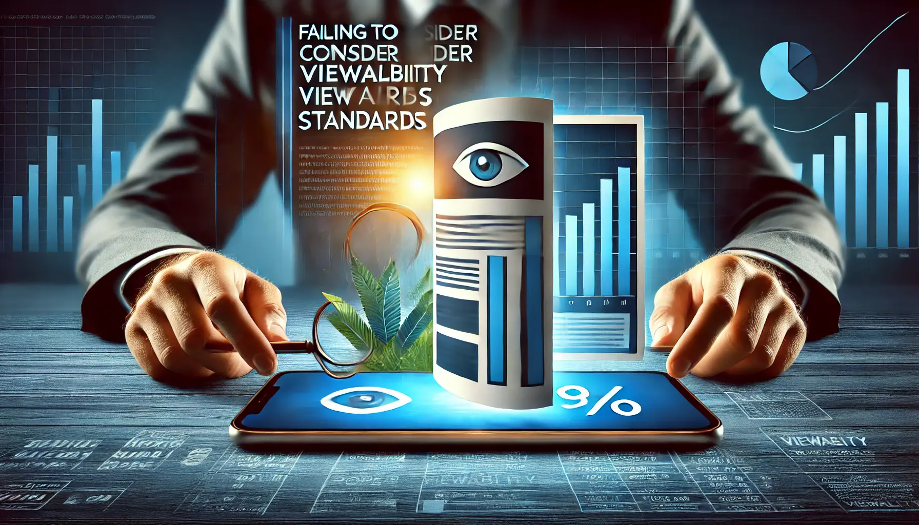 A digital ad that is partially hidden on a screen, symbolizing poor viewability, with a fully visible high-quality ad in the background representing proper viewability standards.