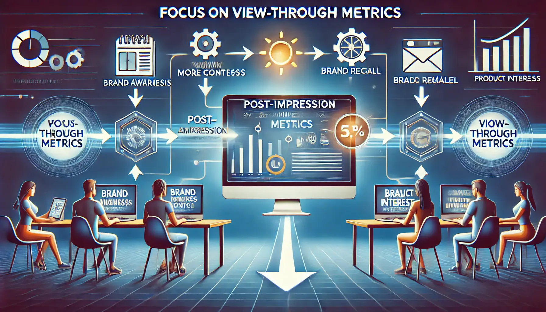 A digital ad with a timeline showing post-impression user engagement actions like brand awareness and interactions, highlighting view-through metrics in digital marketing.