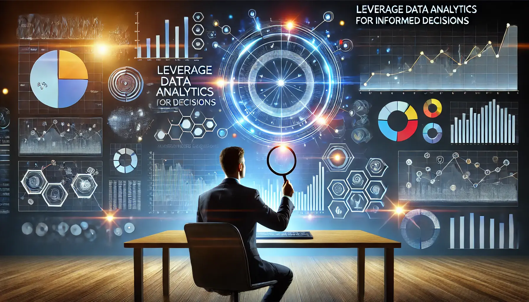 A data scientist or marketer analyzing large data sets on a digital screen, with graphs, pie charts, and glowing data points symbolizing deep analysis and insights.