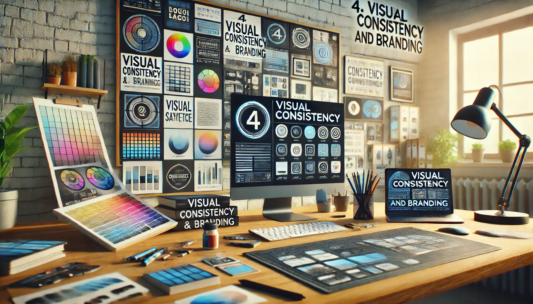 A designer's desk with branding materials like logos, color palette, product mockups, and digital screens showing consistent visual styles.