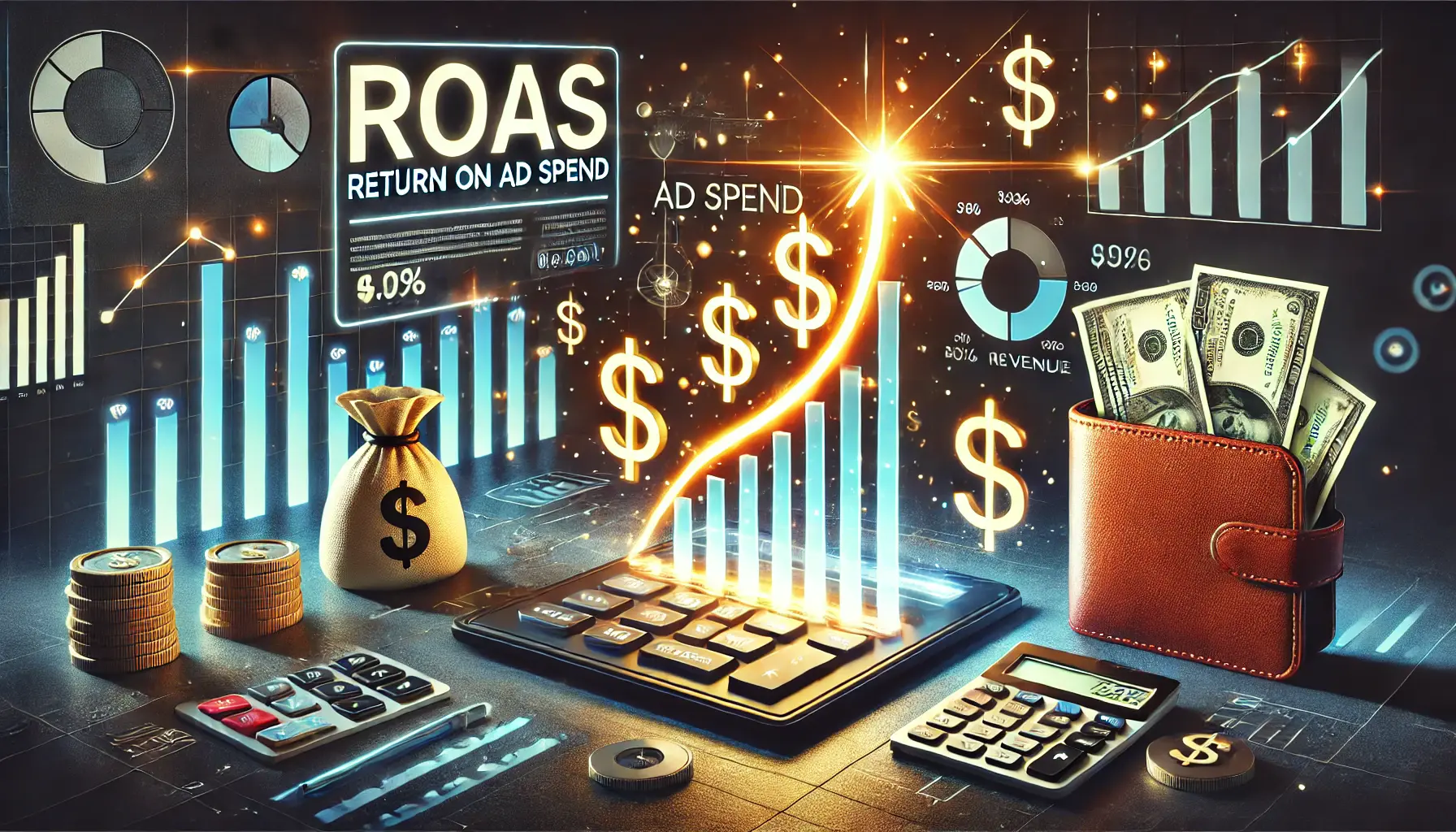 A digital display showing an upward graph with glowing dollar signs, symbolizing revenue generation in relation to ad spend, with elements like a calculator and wallet with money.