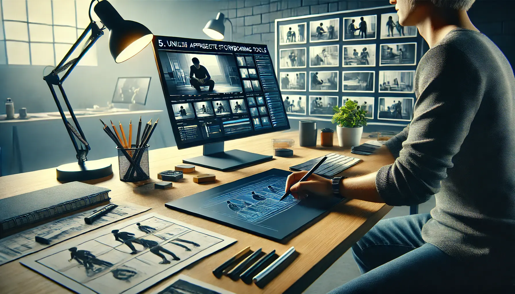 A creative professional working at a desk with a tablet, digital storyboard software, and traditional storyboarding tools like styluses and reference materials.