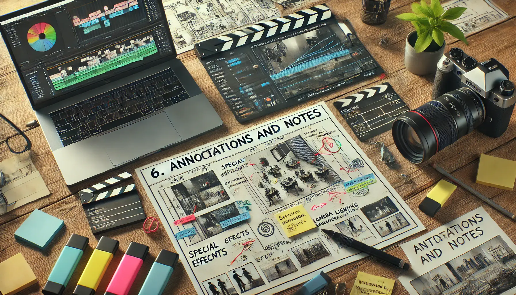 A storyboard with annotations and markings, surrounded by creative tools like highlighters and sticky notes, with a laptop showing video editing software.