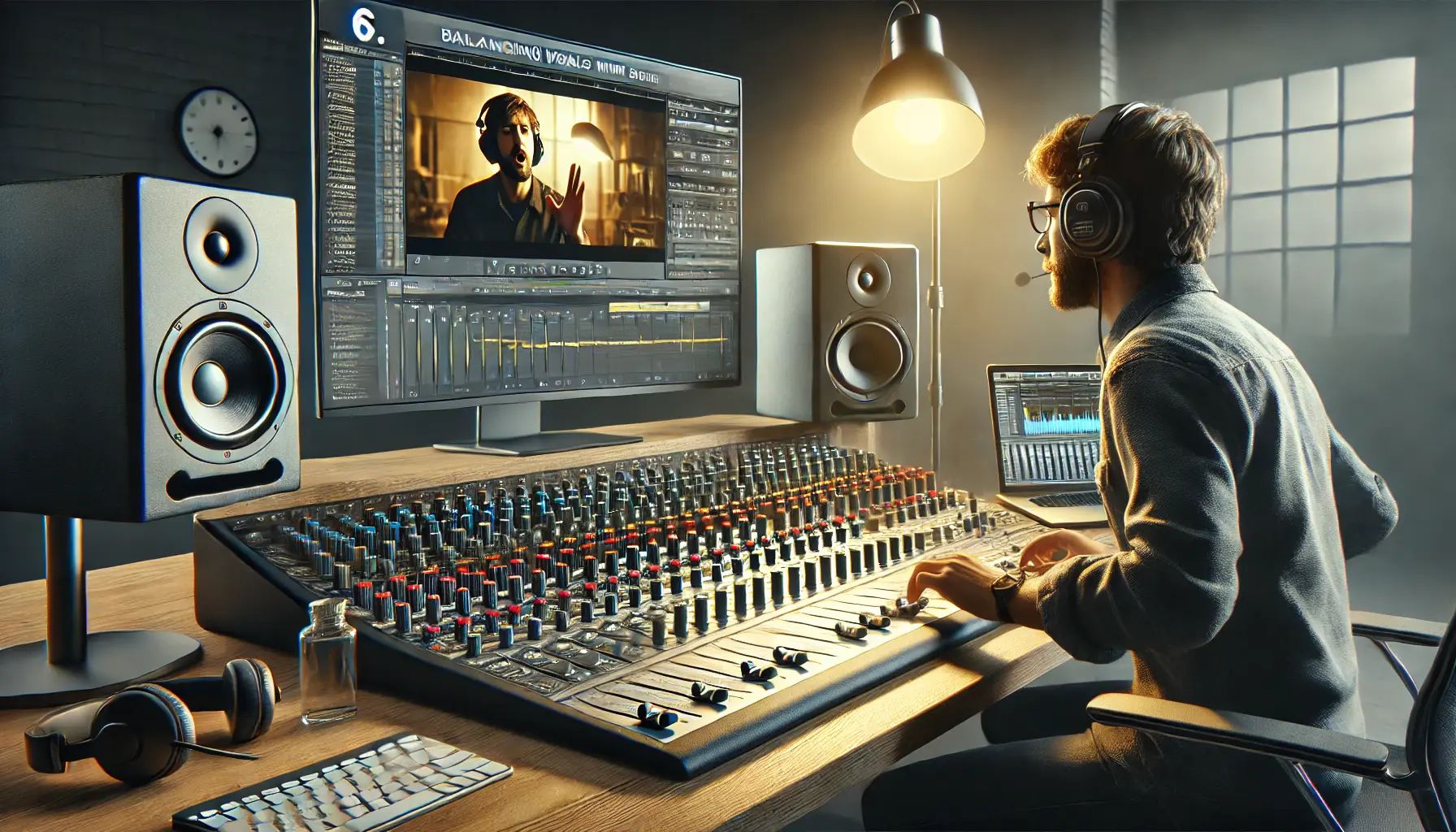 A sound engineer adjusting audio levels at a mixing console with a video monitor displaying synchronized visuals of a character speaking.