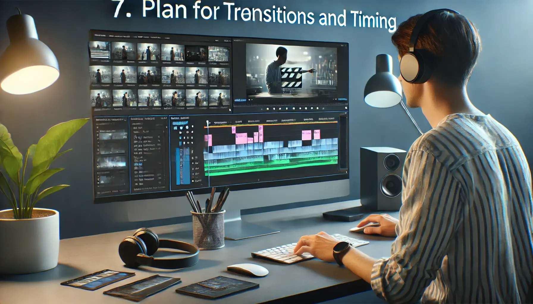 A film editor adjusting the timeline in video editing software with transition effects like fades and cuts, on a well-lit workstation.