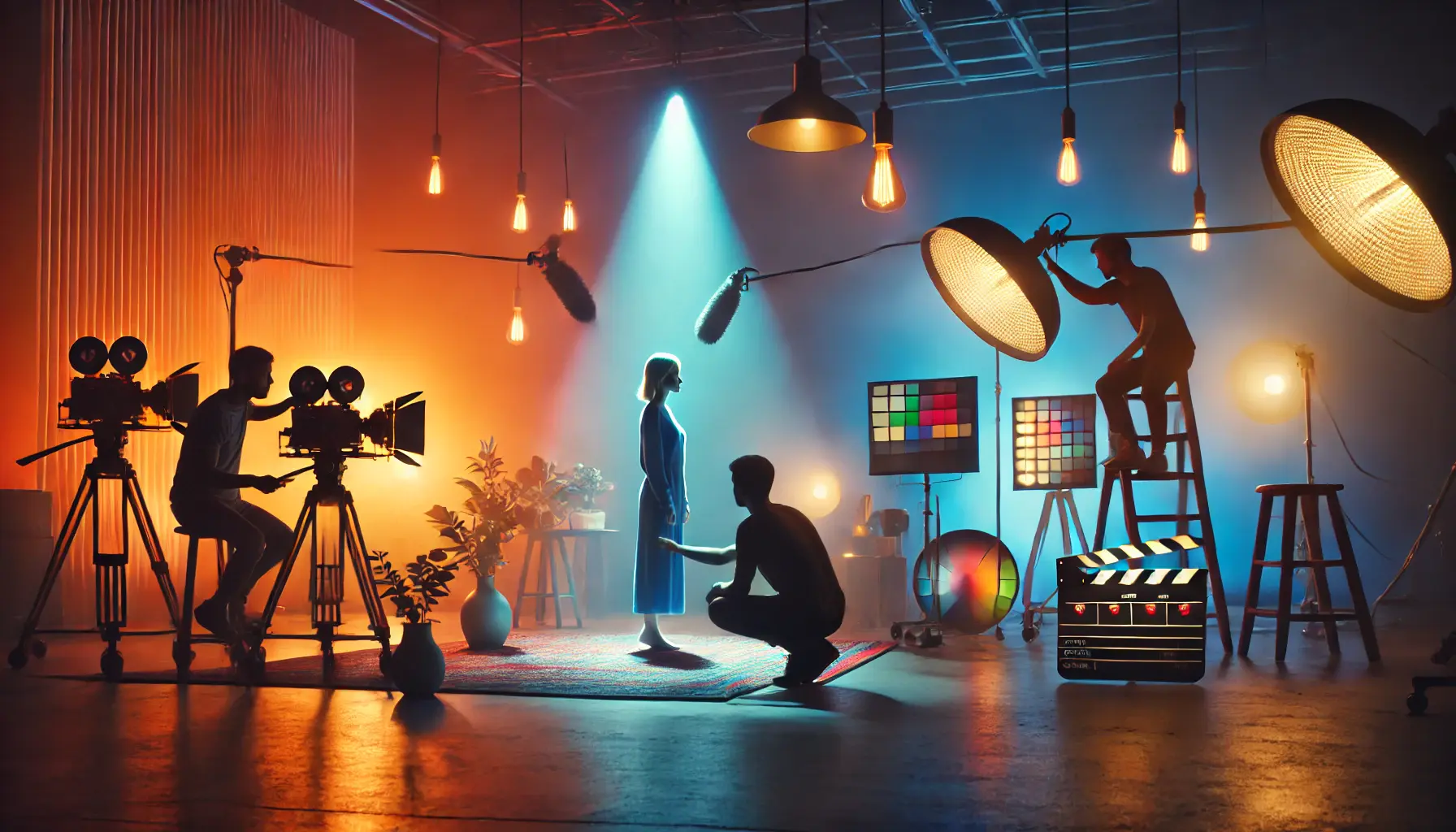 A film set with a director and cinematographer adjusting lighting, with a character under soft blue light and warm orange background lighting.