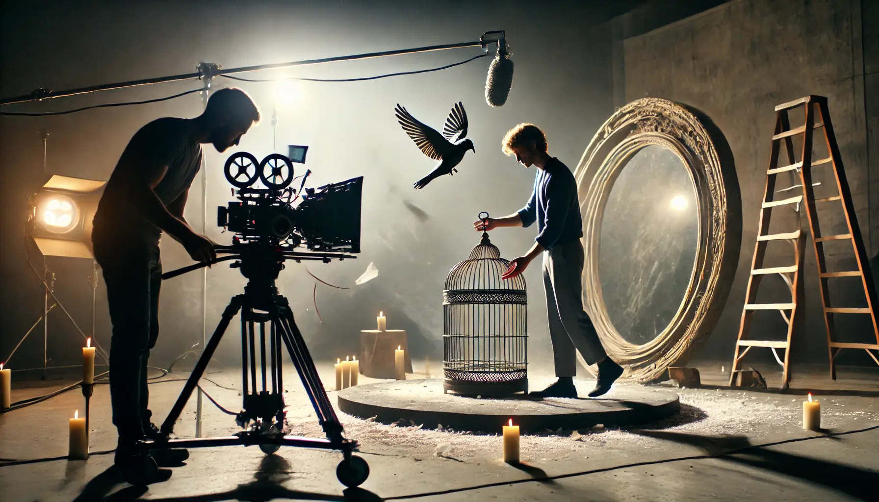 A film set with an actor holding a symbolic object, like a broken mirror or birdcage, with a cinematographer adjusting the shot.