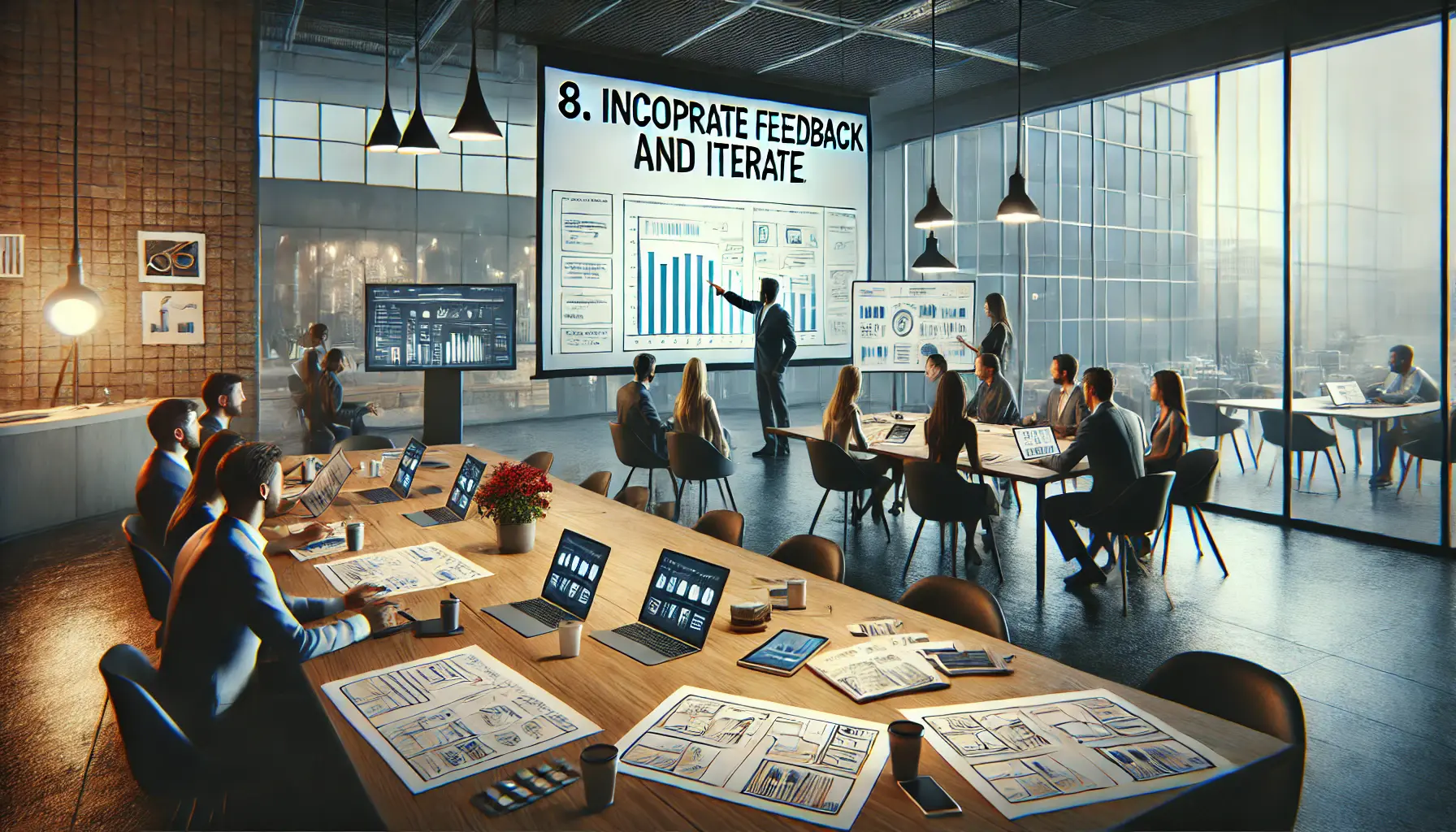 A creative team gathered around a conference table, reviewing a storyboard on a projector screen and providing feedback.