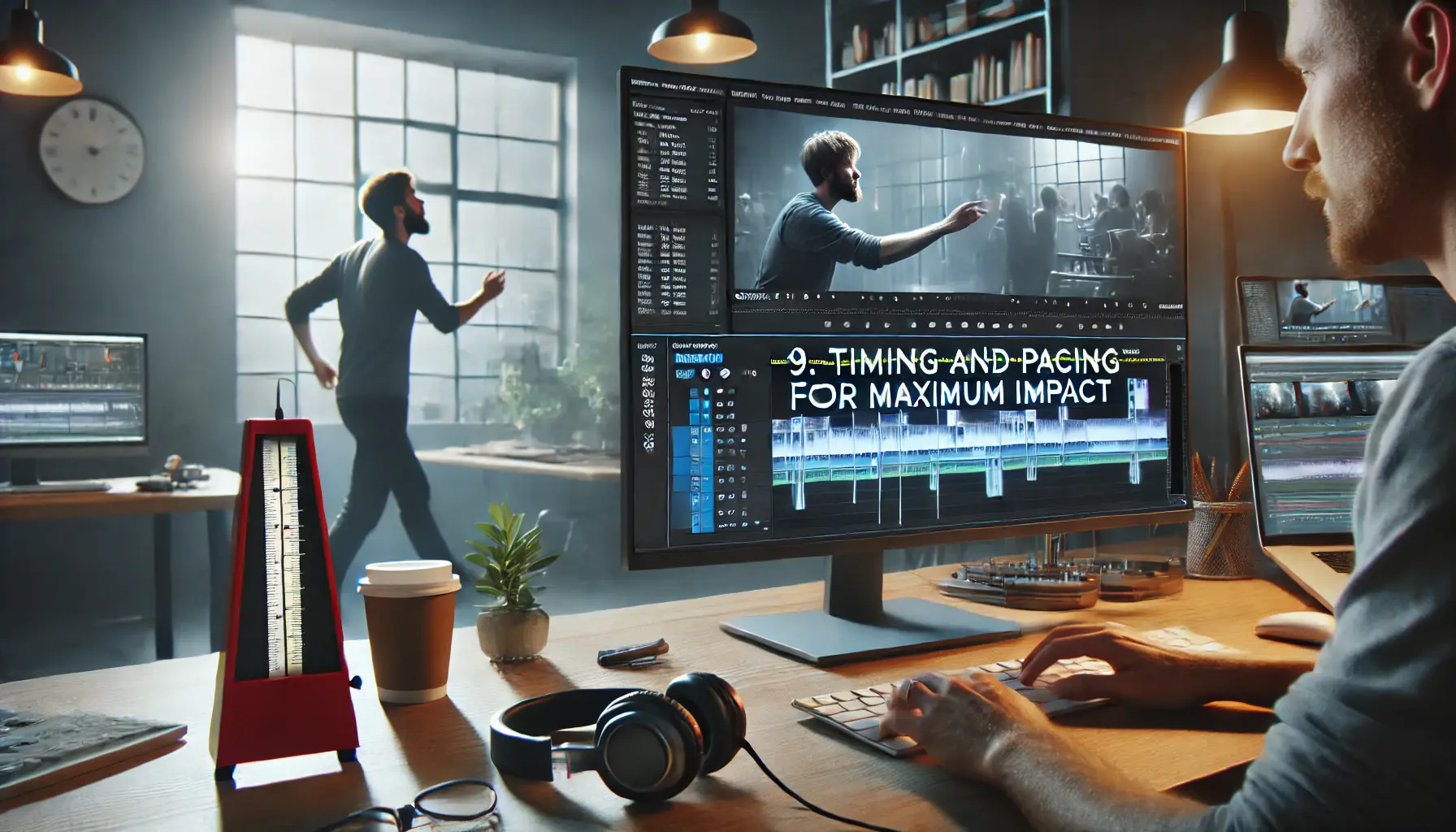 A film editor working at a workstation, adjusting the pacing of video clips in editing software, with a director observing and a metronome on the desk.