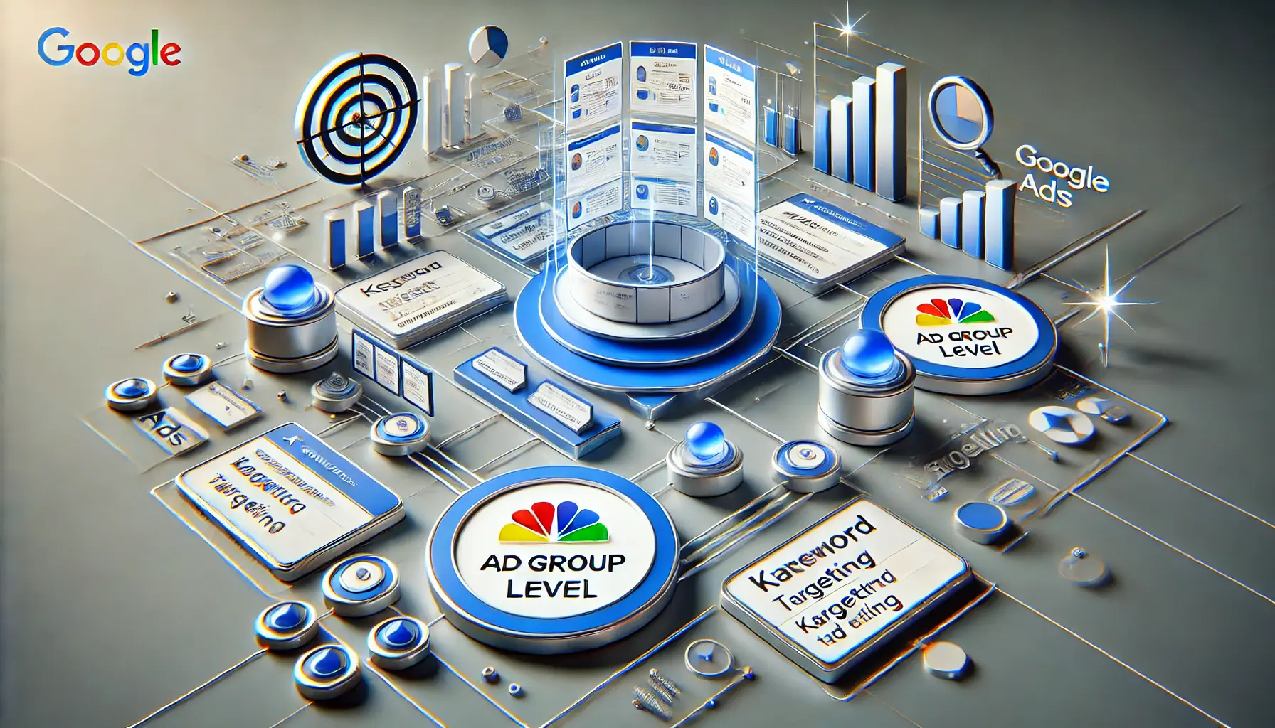 A depiction of the ad group level in Google Ads, showing thematic organization with keyword clusters and tailored ad designs.