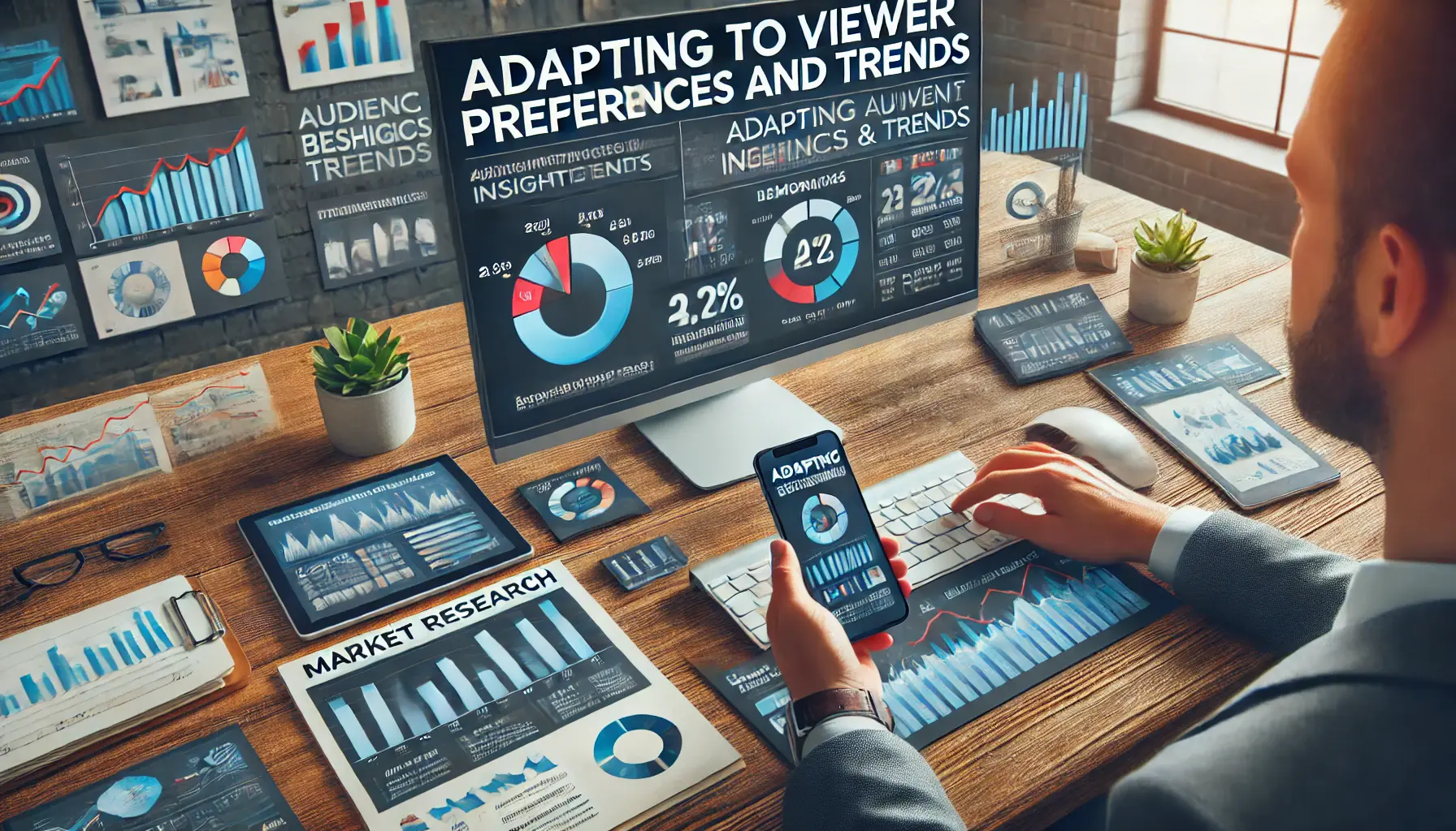 A marketer analyzing audience behavior data on a computer screen, with a smartphone showing real-time trends, a tablet with research charts, and a notepad with notes on preferences.