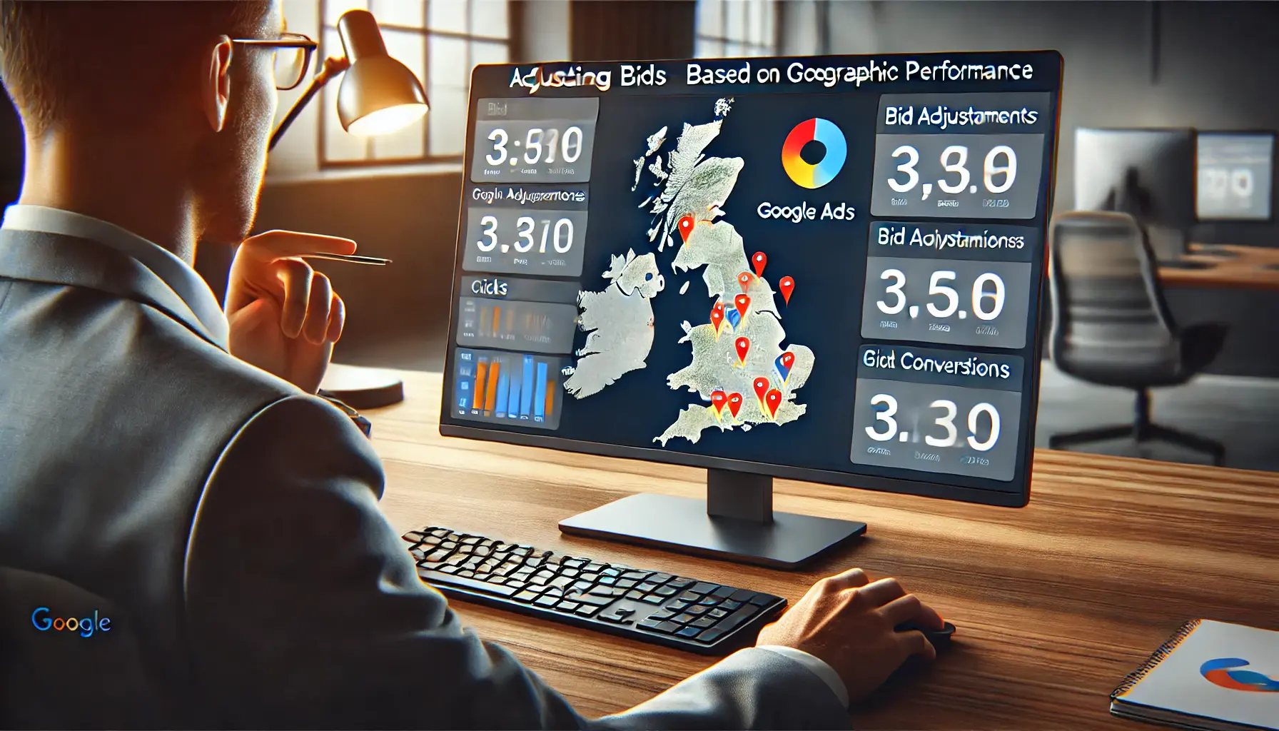 A digital marketing professional analyzing geographic performance metrics and bid adjustments on a Google Ads interface.