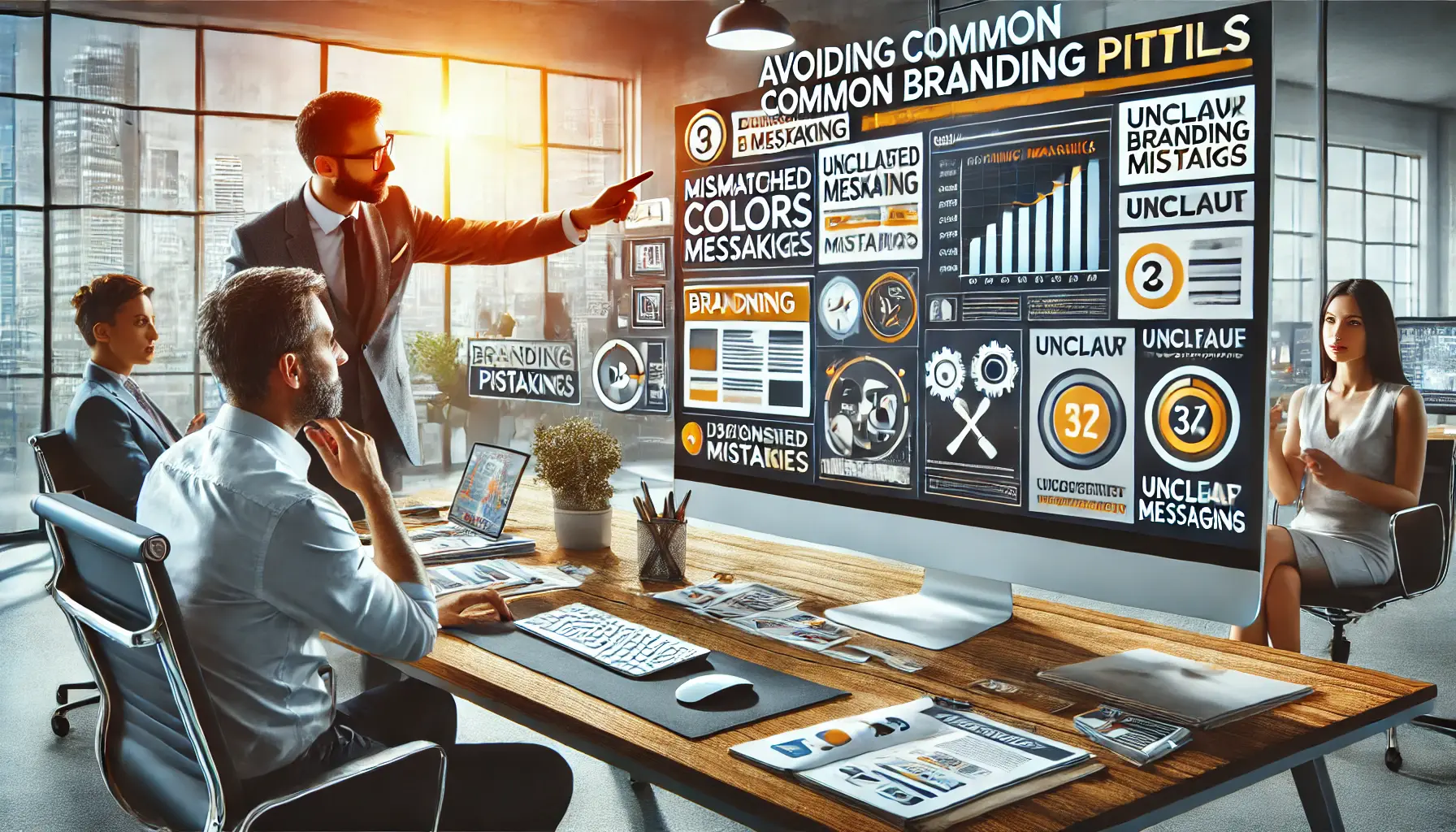 A designer reviewing an ad campaign with branding mistakes like mismatched colors, unclear messaging, and cluttered visuals in a modern office.