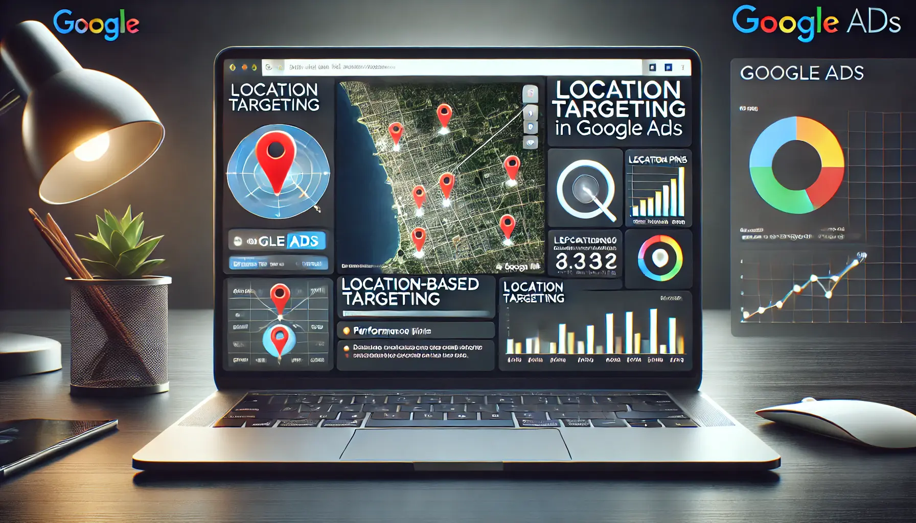 A digital marketing professional analyzing a Google Ads dashboard with location-based targeting features on the screen.