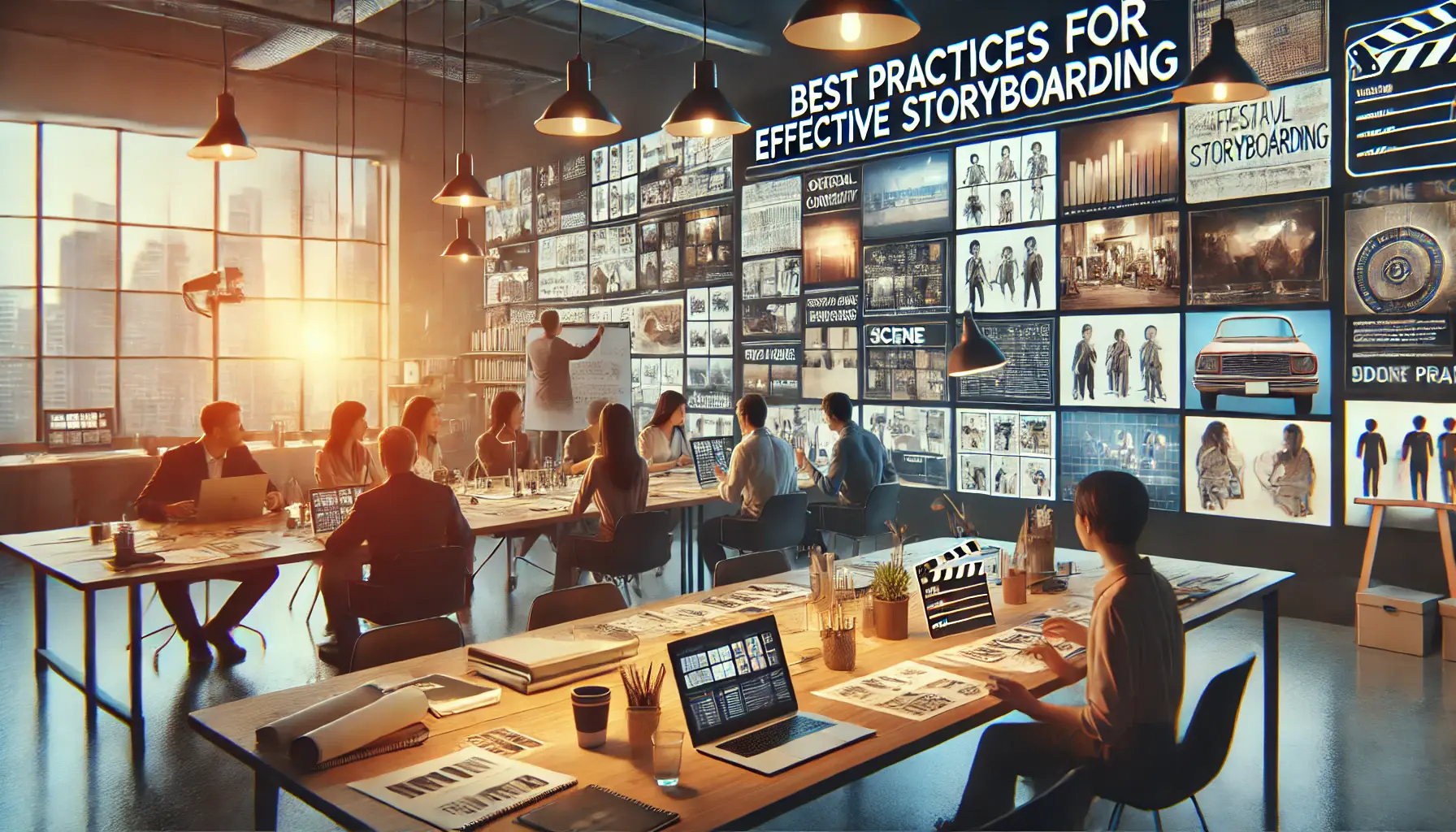 A creative team collaborating around a table covered with storyboards and laptops, discussing best practices for storyboarding in advertising.