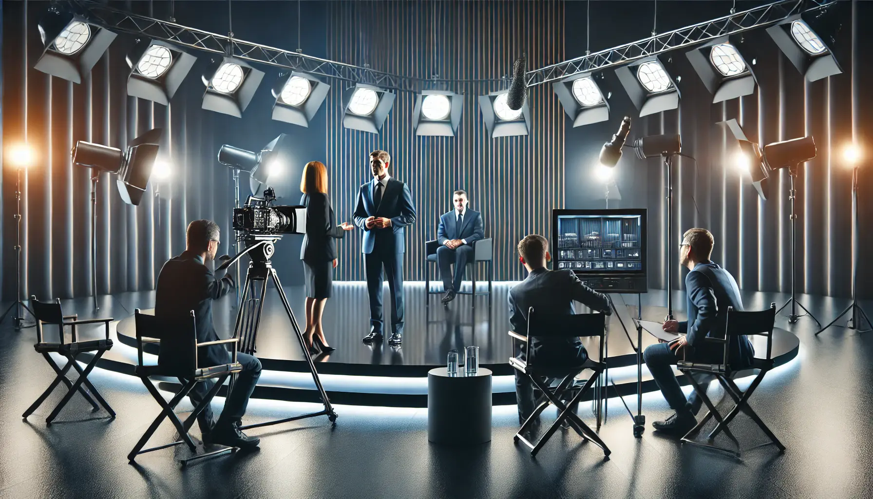 A video production team setting up a professional shoot with a business executive presenting to the camera, ensuring lighting, sound, and camera angles for high-quality video production.