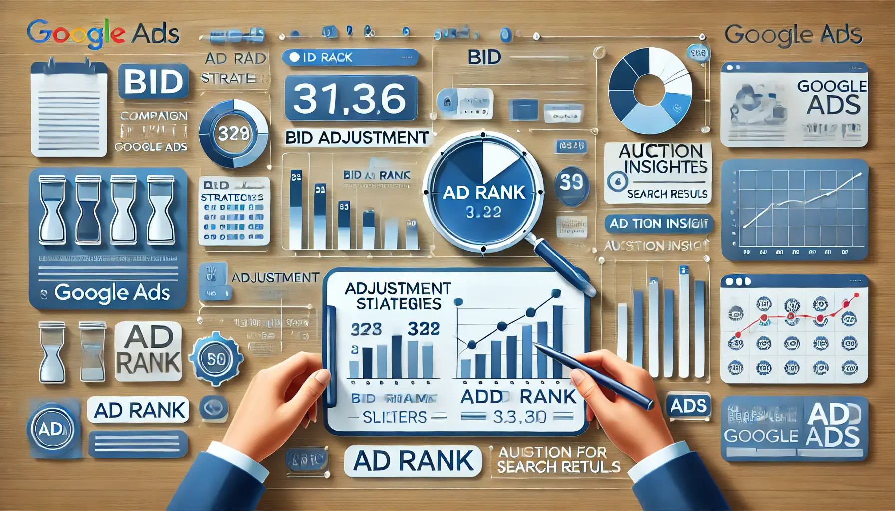 A depiction of bidding strategies and Ad Rank in Google Ads, showcasing bid adjustments, Ad Rank charts, and campaign analytics.