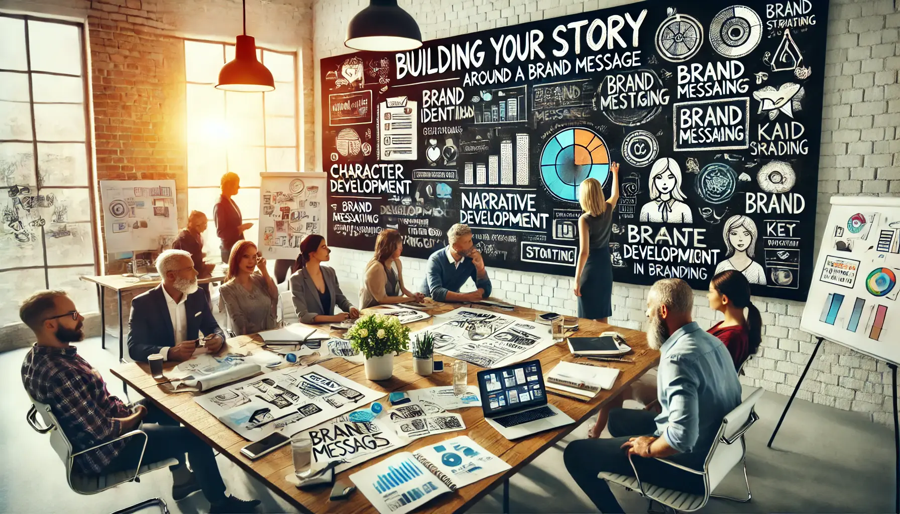 A brainstorming session with diverse professionals around a table, discussing brand messaging, with storyboards and digital devices displaying brand concepts.