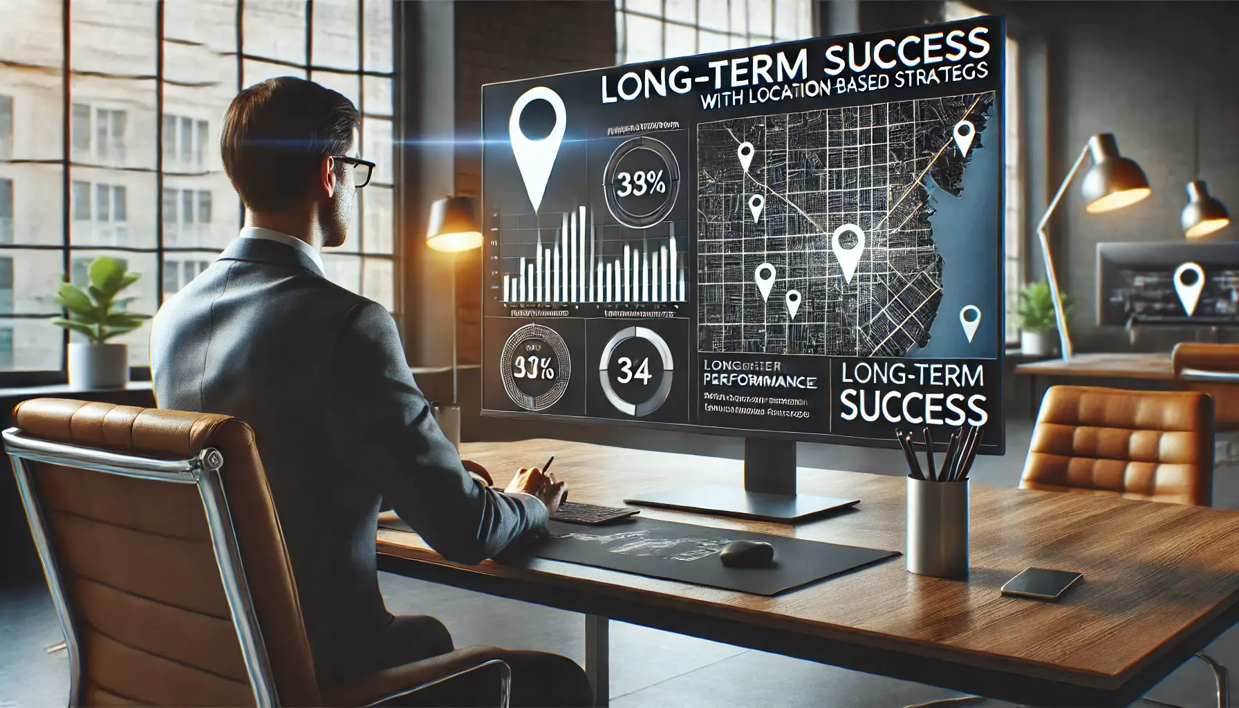 A digital marketing professional analyzing long-term performance data for location-based strategies on a computer screen.