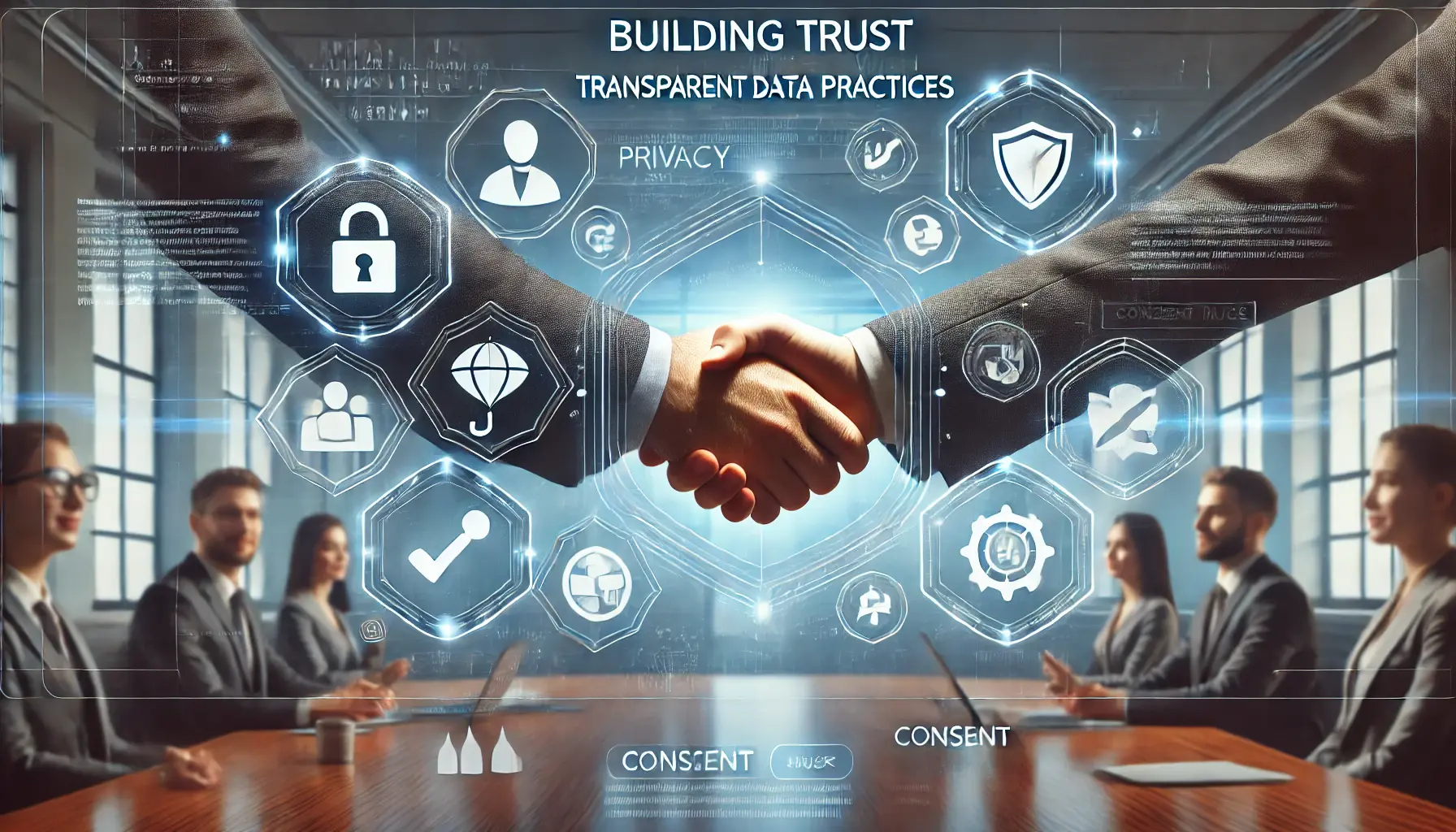 A handshake between two individuals in front of a digital screen displaying privacy icons like shields and consent toggles, symbolizing trust and transparency in data practices.