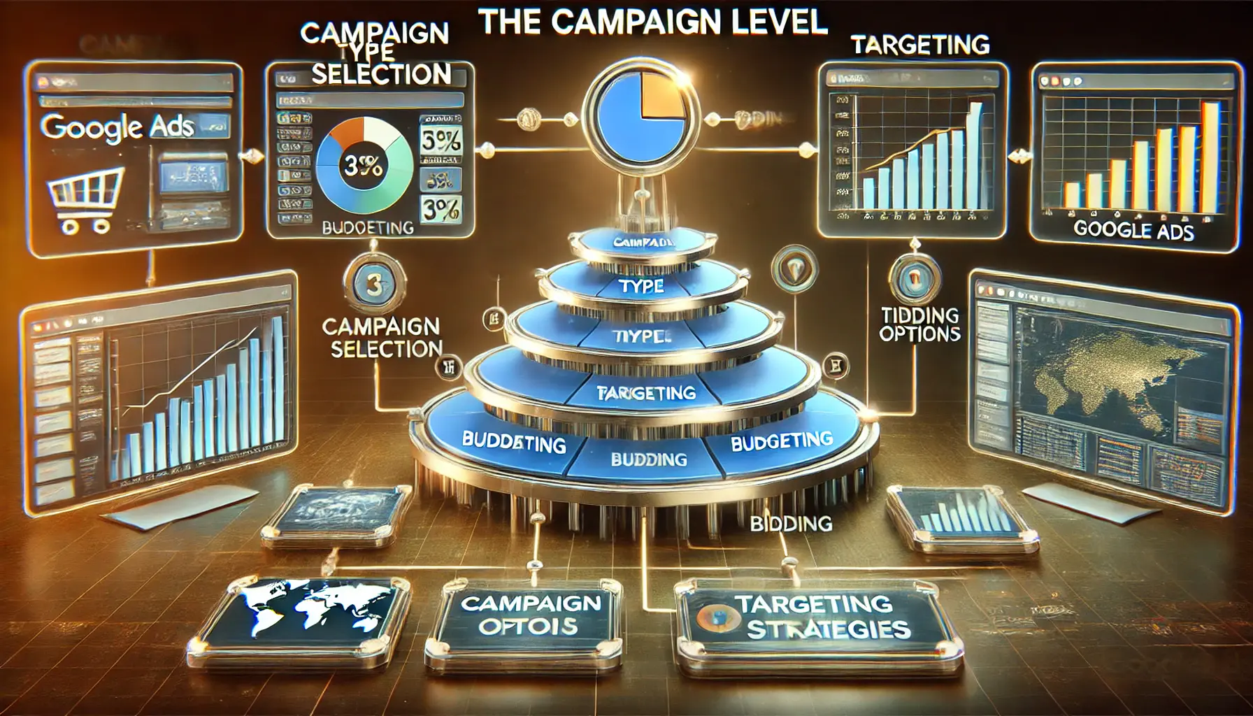 A depiction of the campaign level in Google Ads, showcasing campaign type selection, budgeting, targeting options, and bidding strategies.