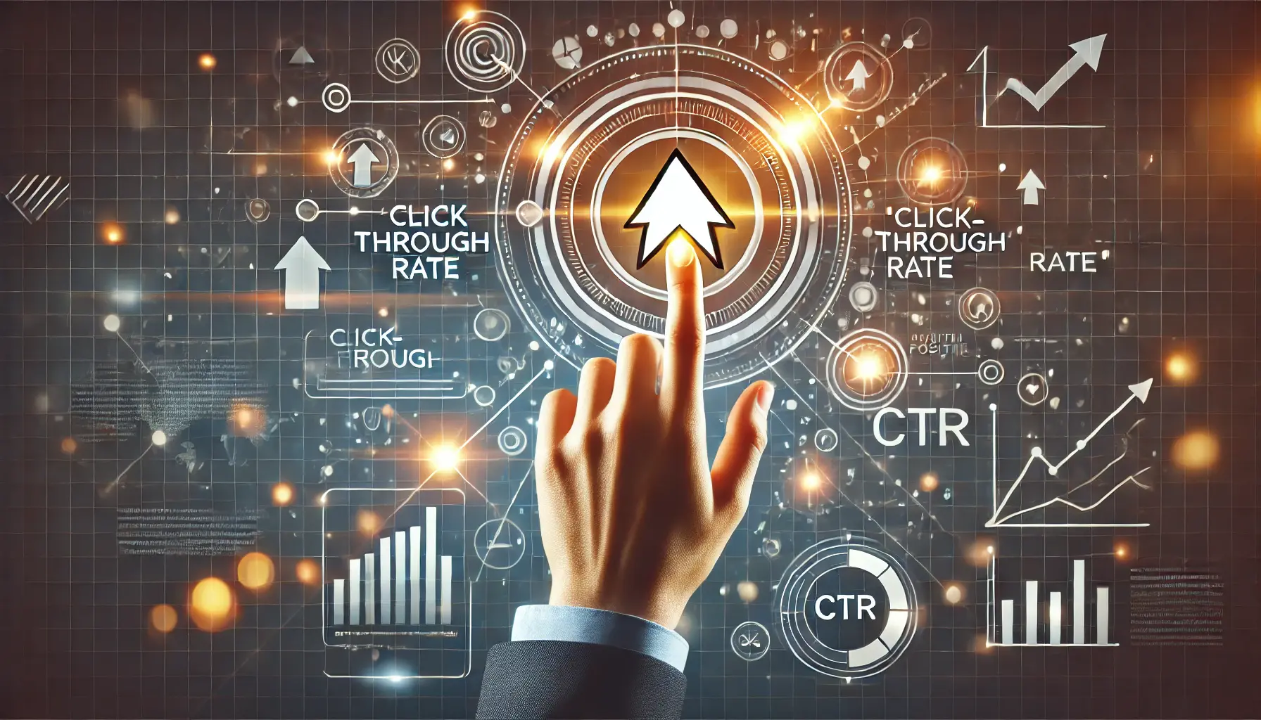 A glowing cursor icon being clicked, surrounded by upward arrows, a digital progress bar, and glowing circles, symbolizing user interaction and positive metrics in digital marketing.