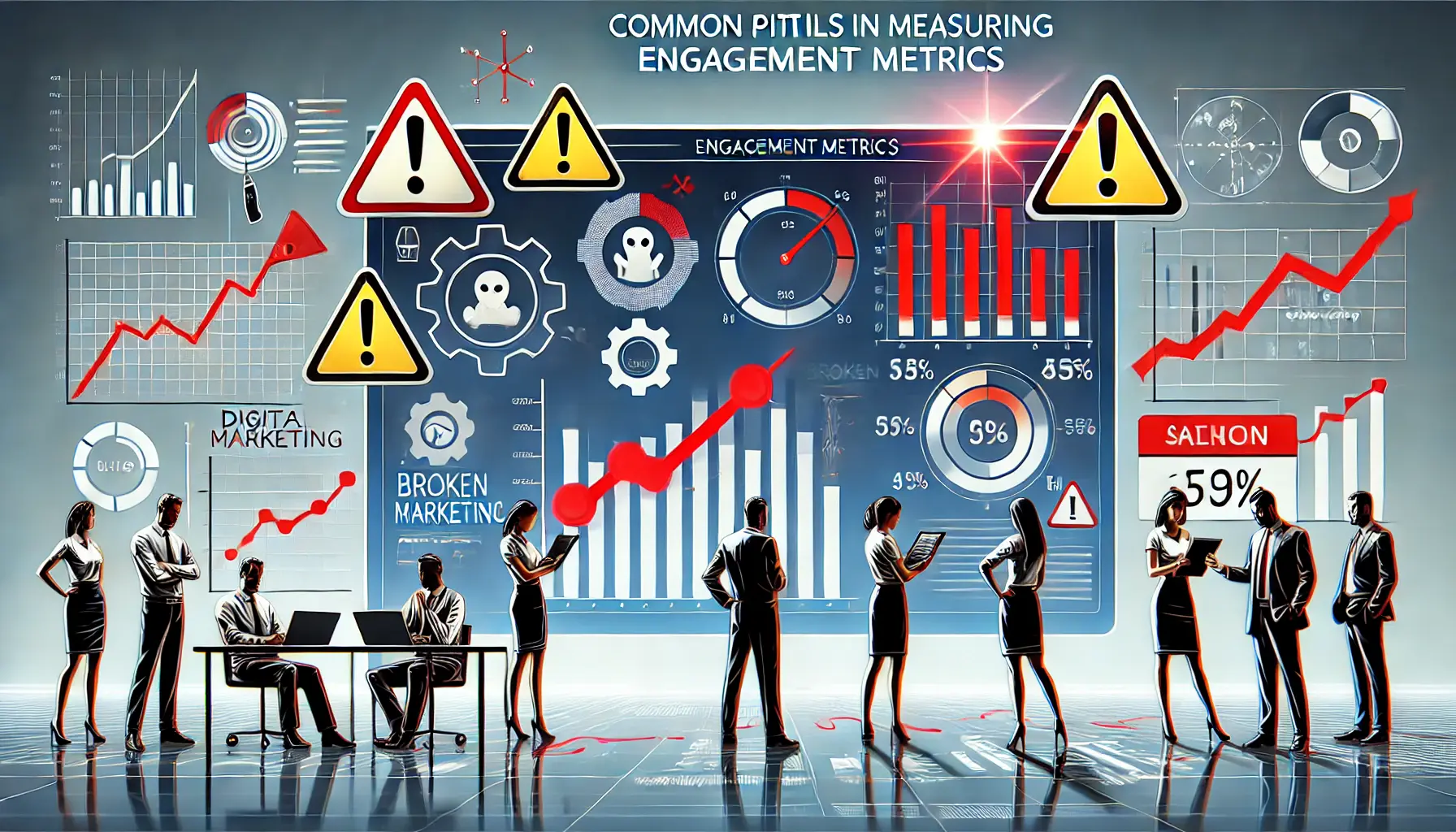 A digital marketing team analyzing flawed data with broken graphs, misleading charts, and distorted metrics, with warning signs and red flags indicating common pitfalls.