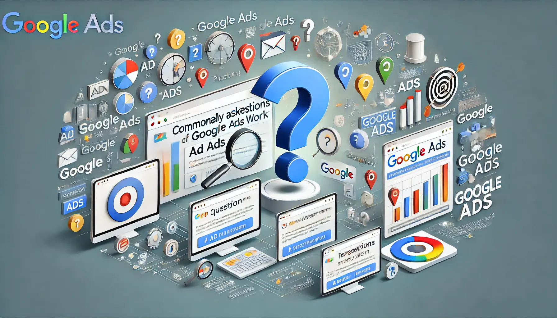 A depiction of commonly asked questions about Google Ads, featuring search engine interfaces, analytics dashboards, and ad placements.