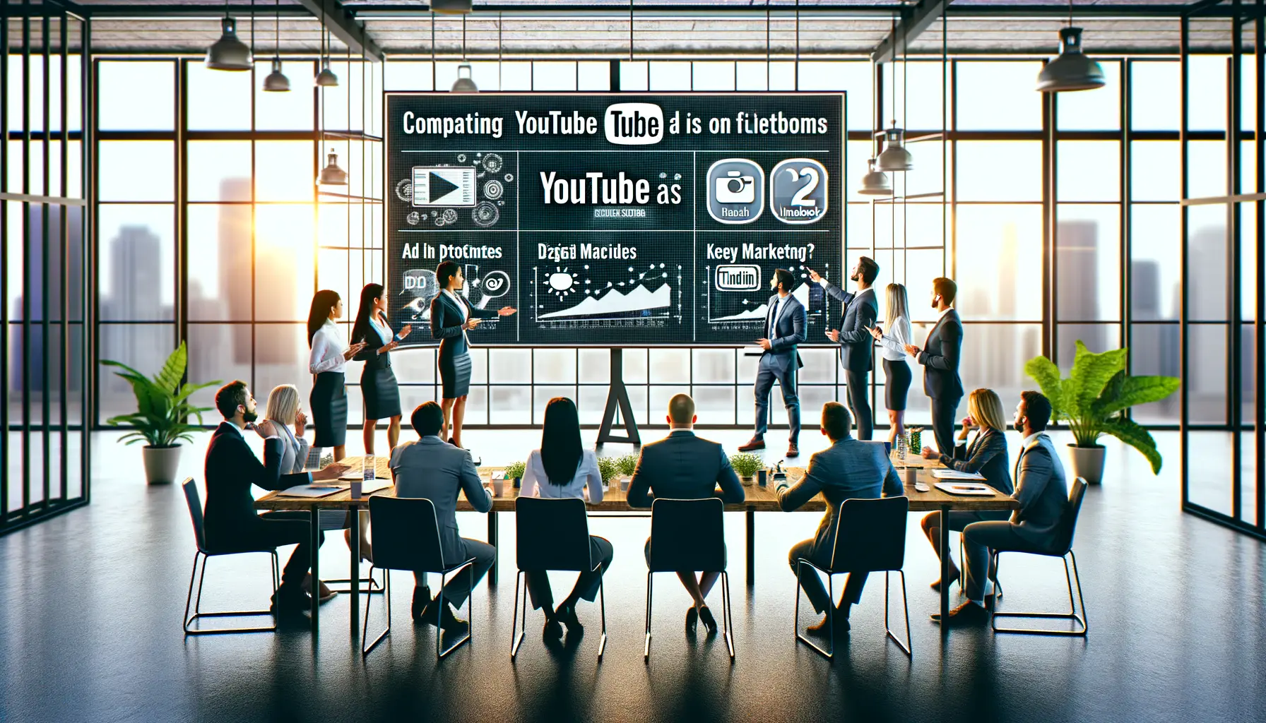 A group of professionals analyzing a comparison chart on a screen, contrasting YouTube Ads with other platforms like LinkedIn and Facebook for B2B marketing.