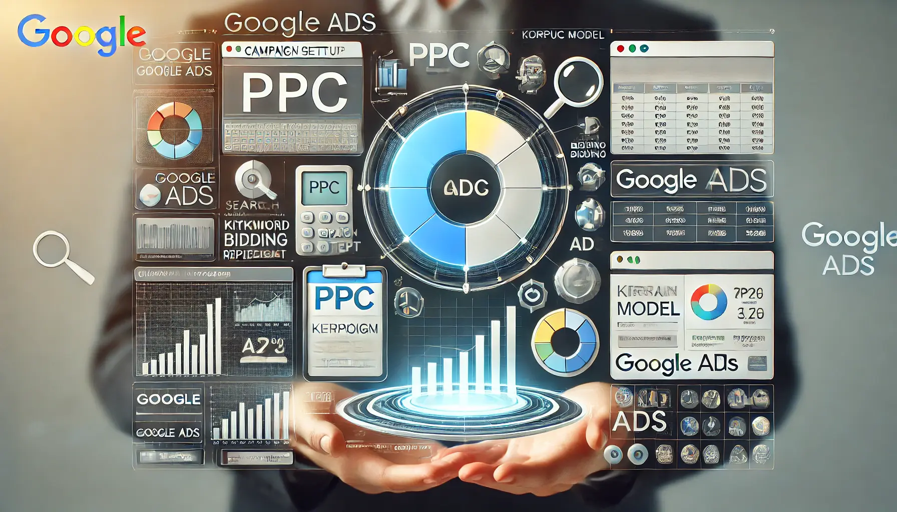 A depiction of the basics of Google Ads, showcasing PPC models, campaign tools, and keyword bidding dashboards.