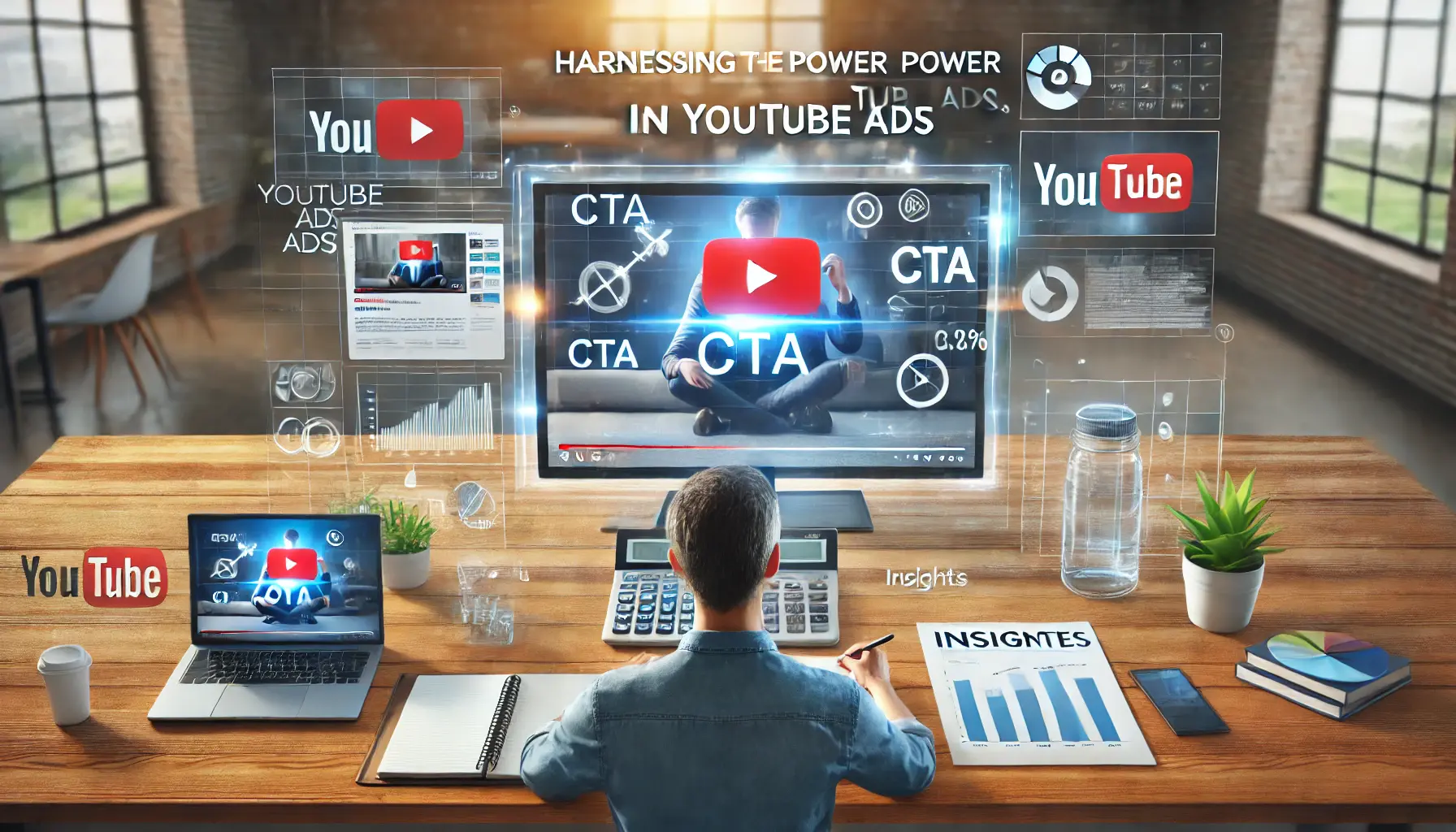 A marketer reviewing YouTube ads with visible CTAs on a large screen, surrounded by data analytics tools and insights on maximizing CTA effectiveness.