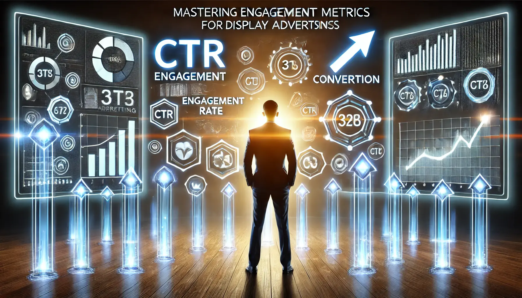 A digital marketer standing in front of multiple screens displaying glowing engagement metrics like CTR, engagement rate, and conversion rate with a positive upward trend.