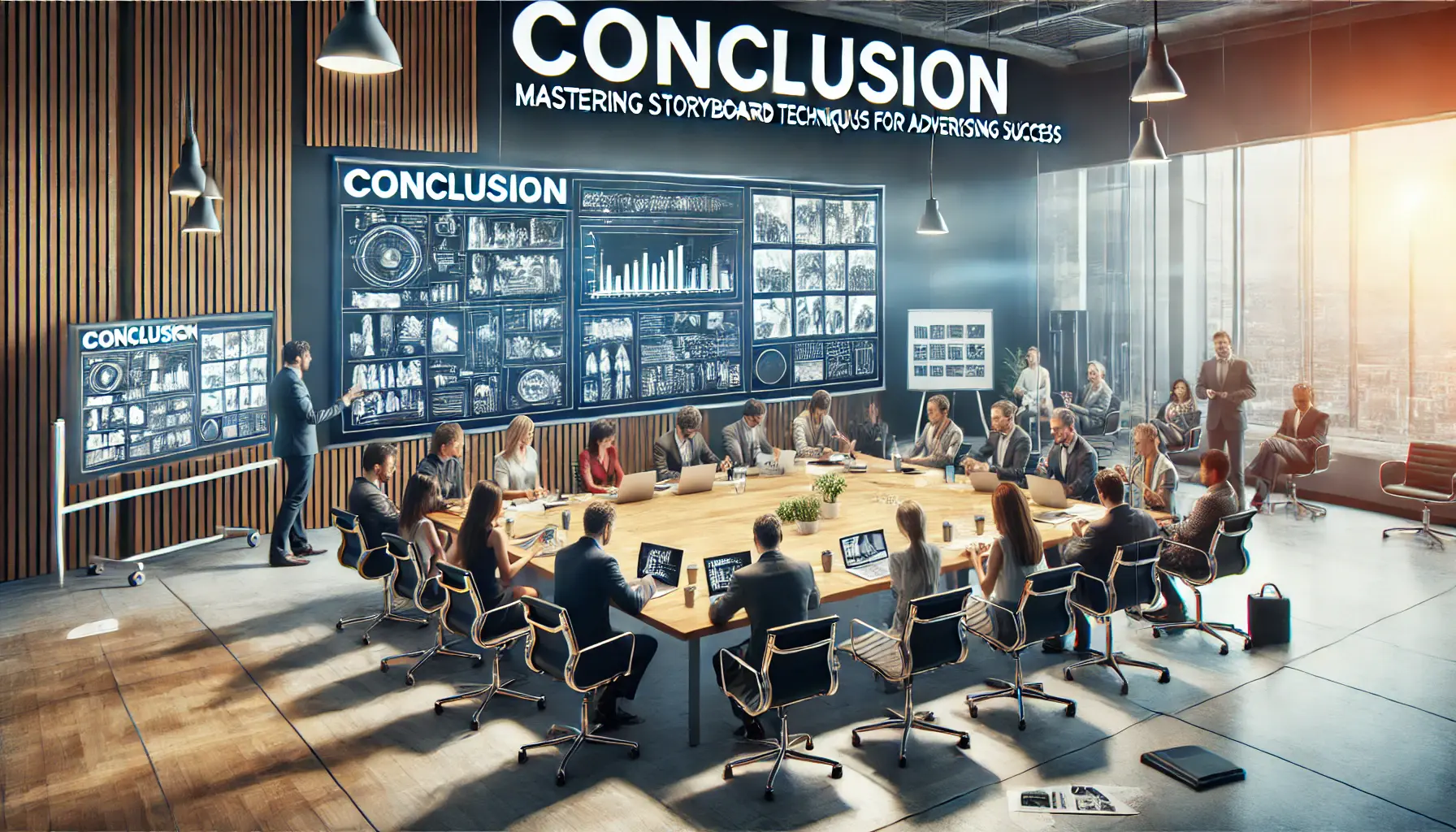 A team of creative professionals gathered around a table, reviewing a completed storyboard for a successful advertisement, with a projector screen in the background.